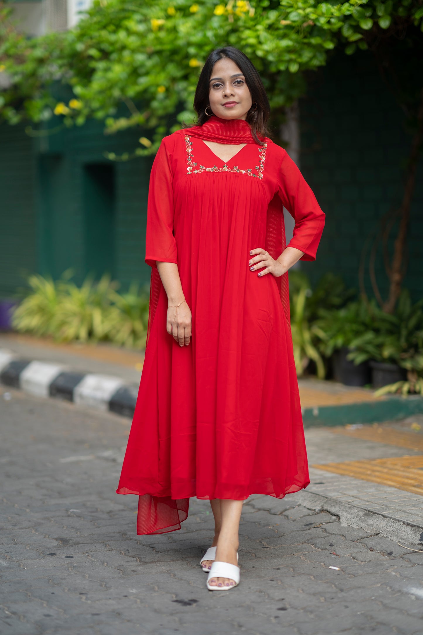 Red blooming georgette Aline kurti with handworked yoke and gathers MBS-576