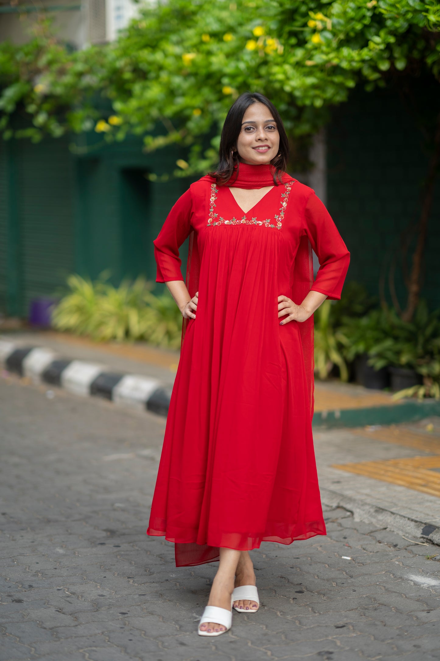 Red blooming georgette Aline kurti with handworked yoke and gathers MBS-576