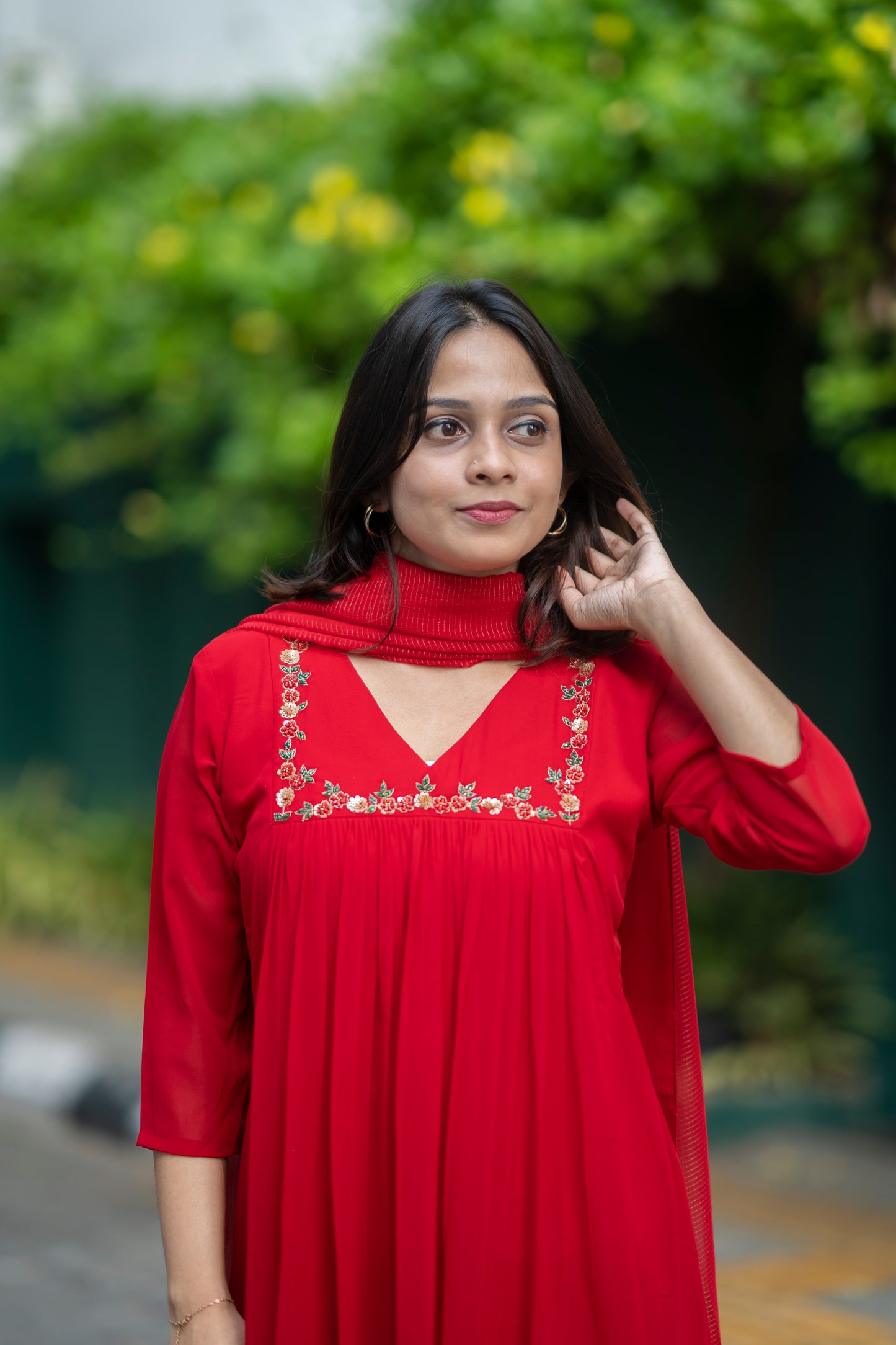 Red blooming georgette Aline kurti with handworked yoke and gathers MBS-576