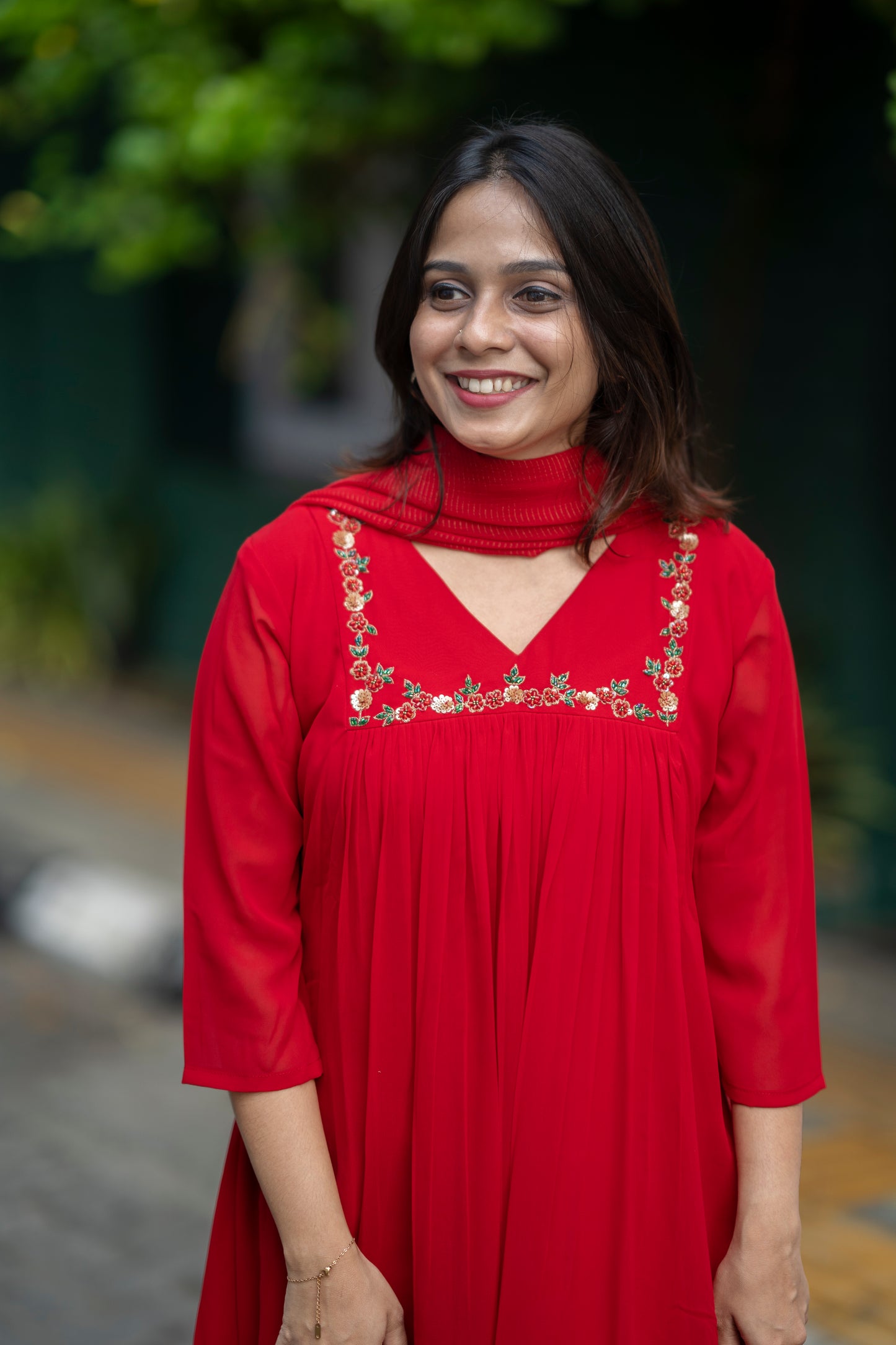 Red blooming georgette Aline kurti with handworked yoke and gathers MBS-576