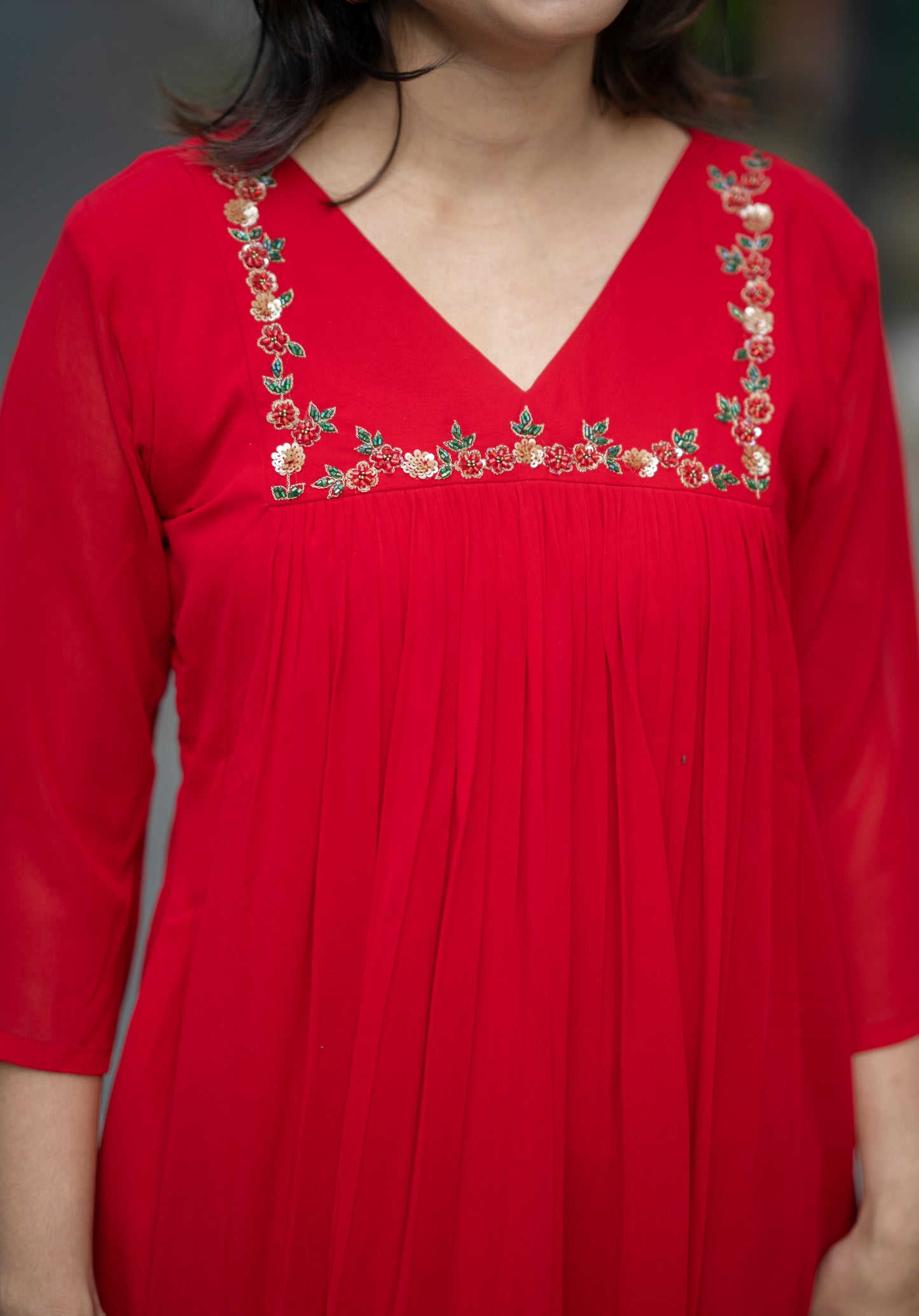 Red blooming georgette Aline kurti with handworked yoke and gathers MBS-576