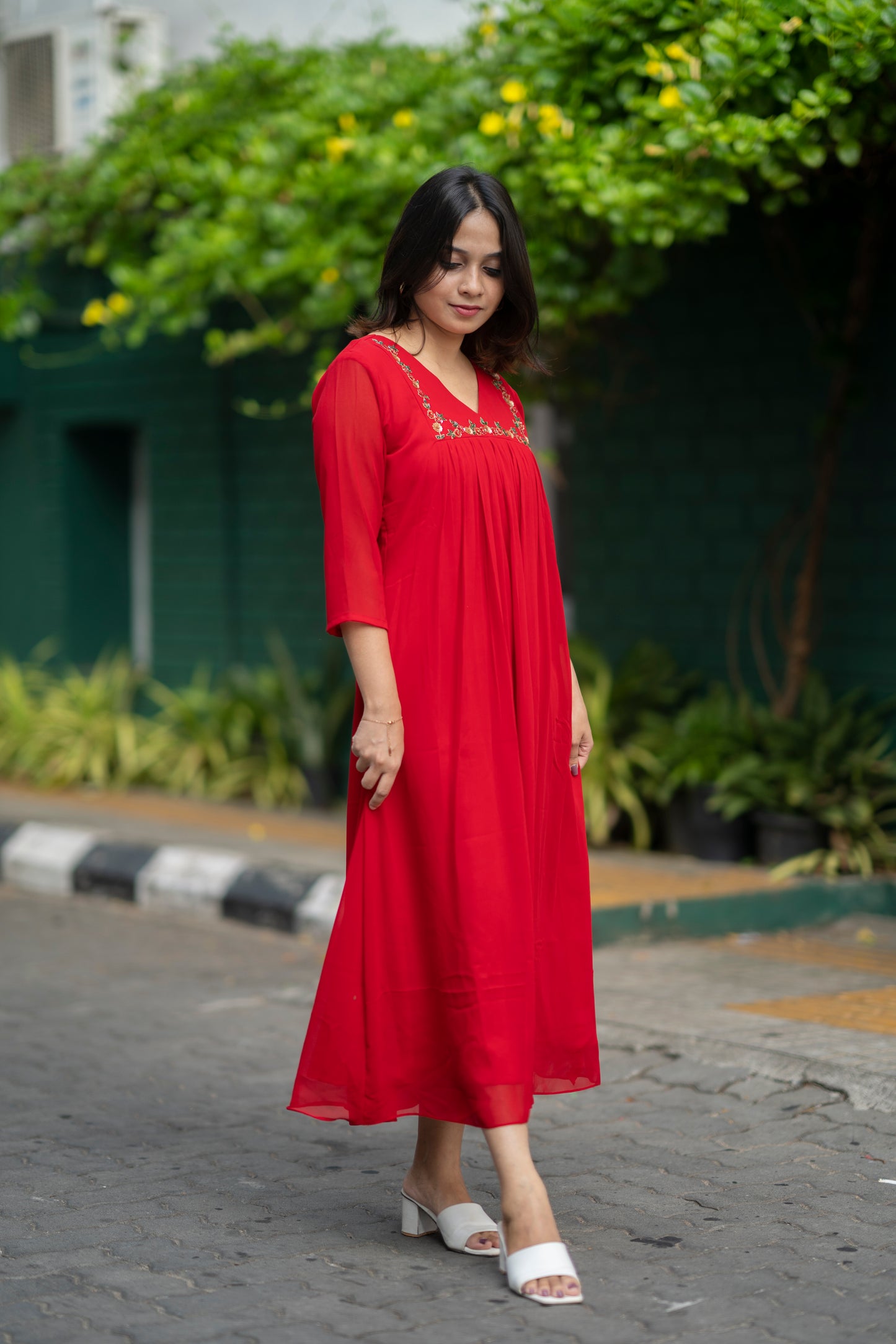 Red blooming georgette Aline kurti with handworked yoke and gathers MBS-576