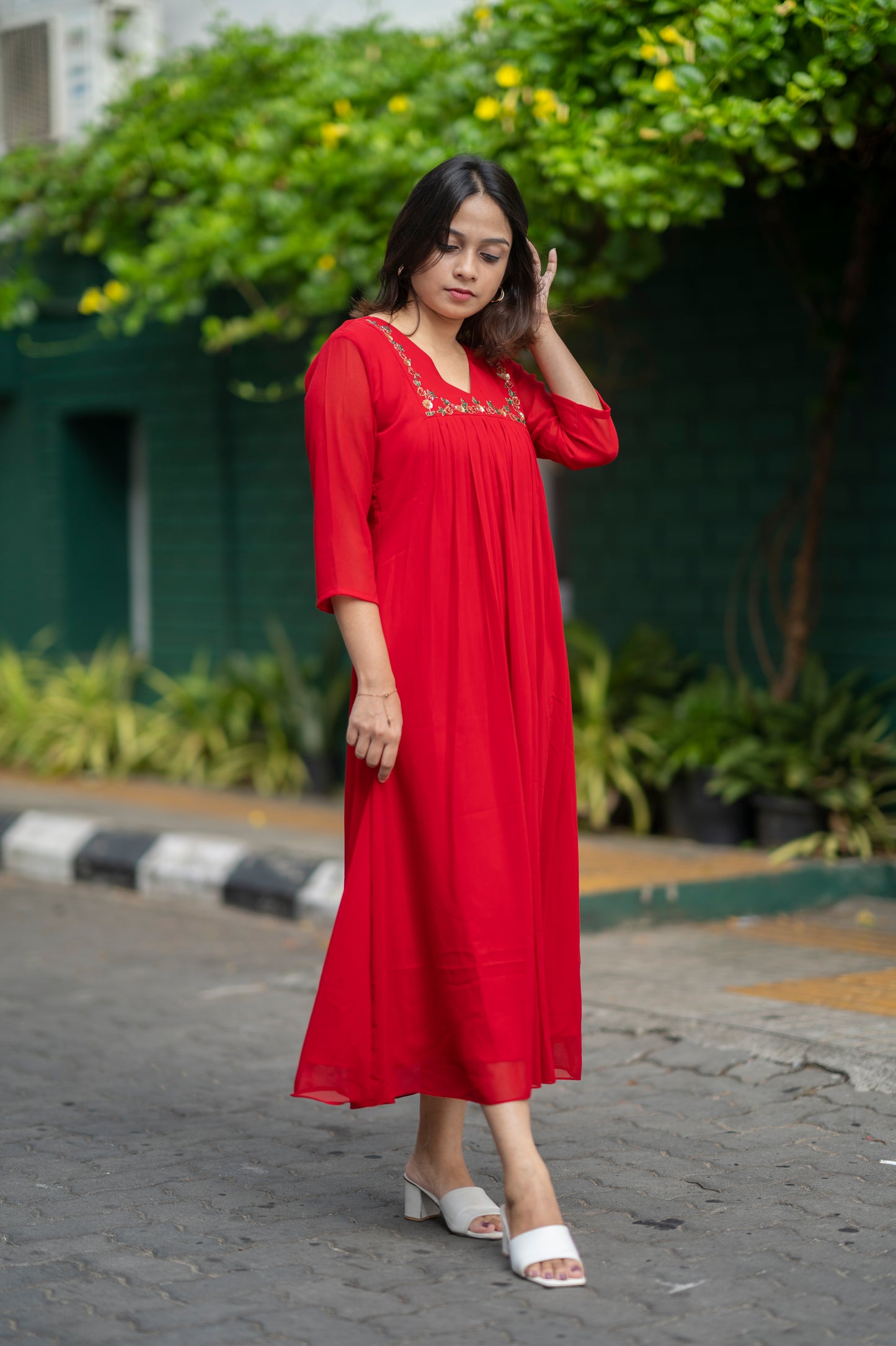 Red blooming georgette Aline kurti with handworked yoke and gathers MBS-576