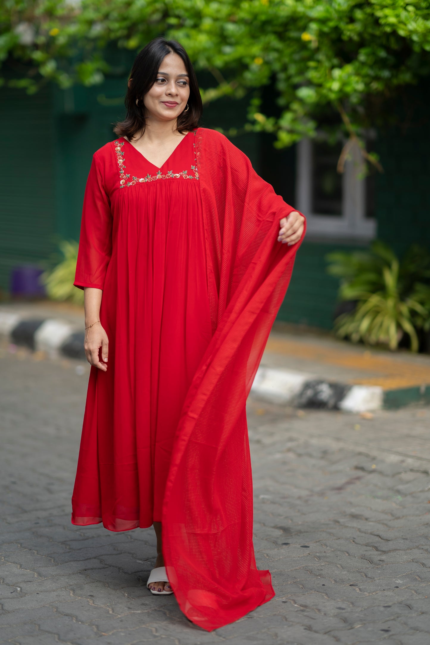 Red blooming georgette Aline kurti with handworked yoke and gathers MBS-576
