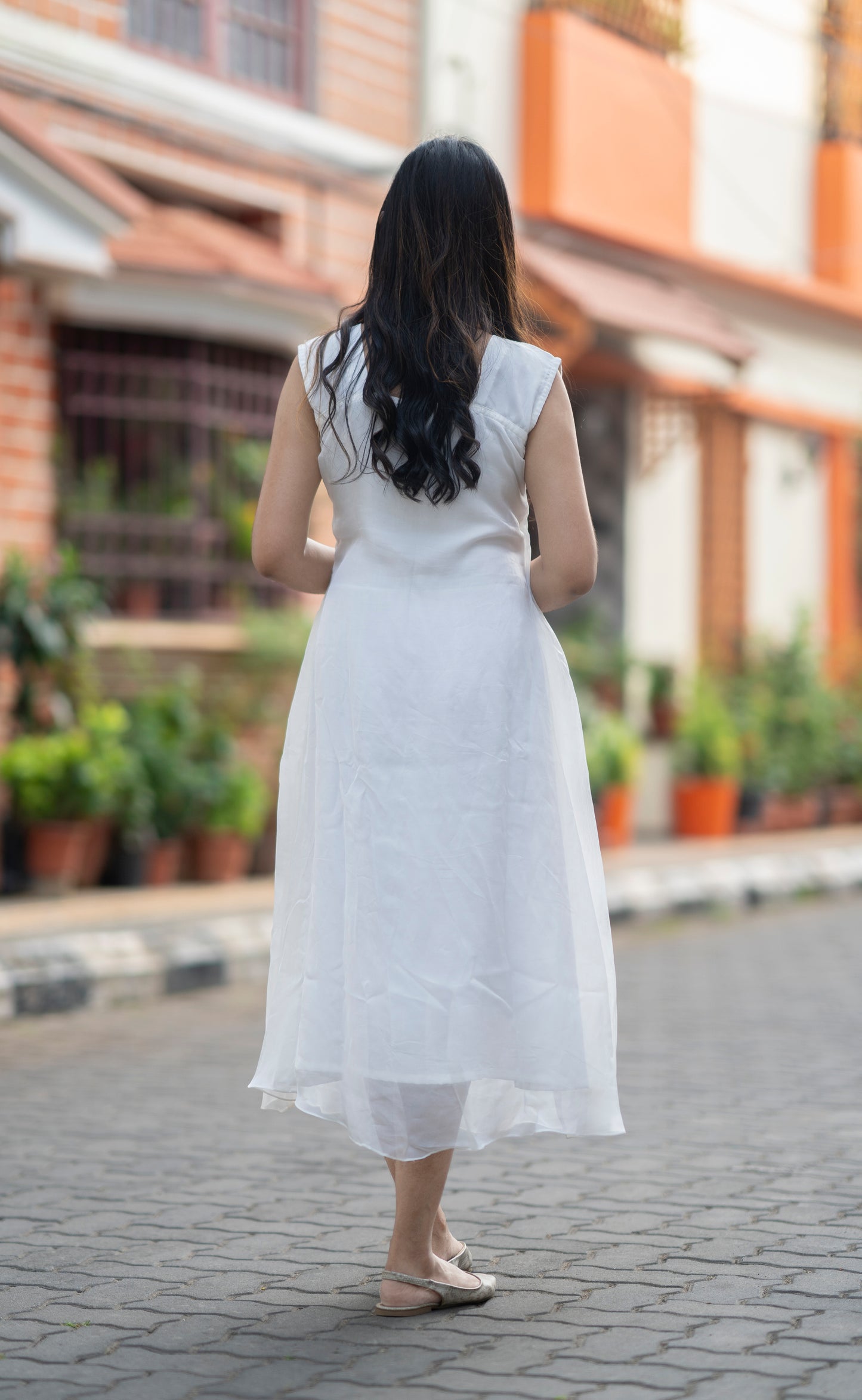 White viscose organza Aline kurti with heavy hand worked yoke MBS-578
