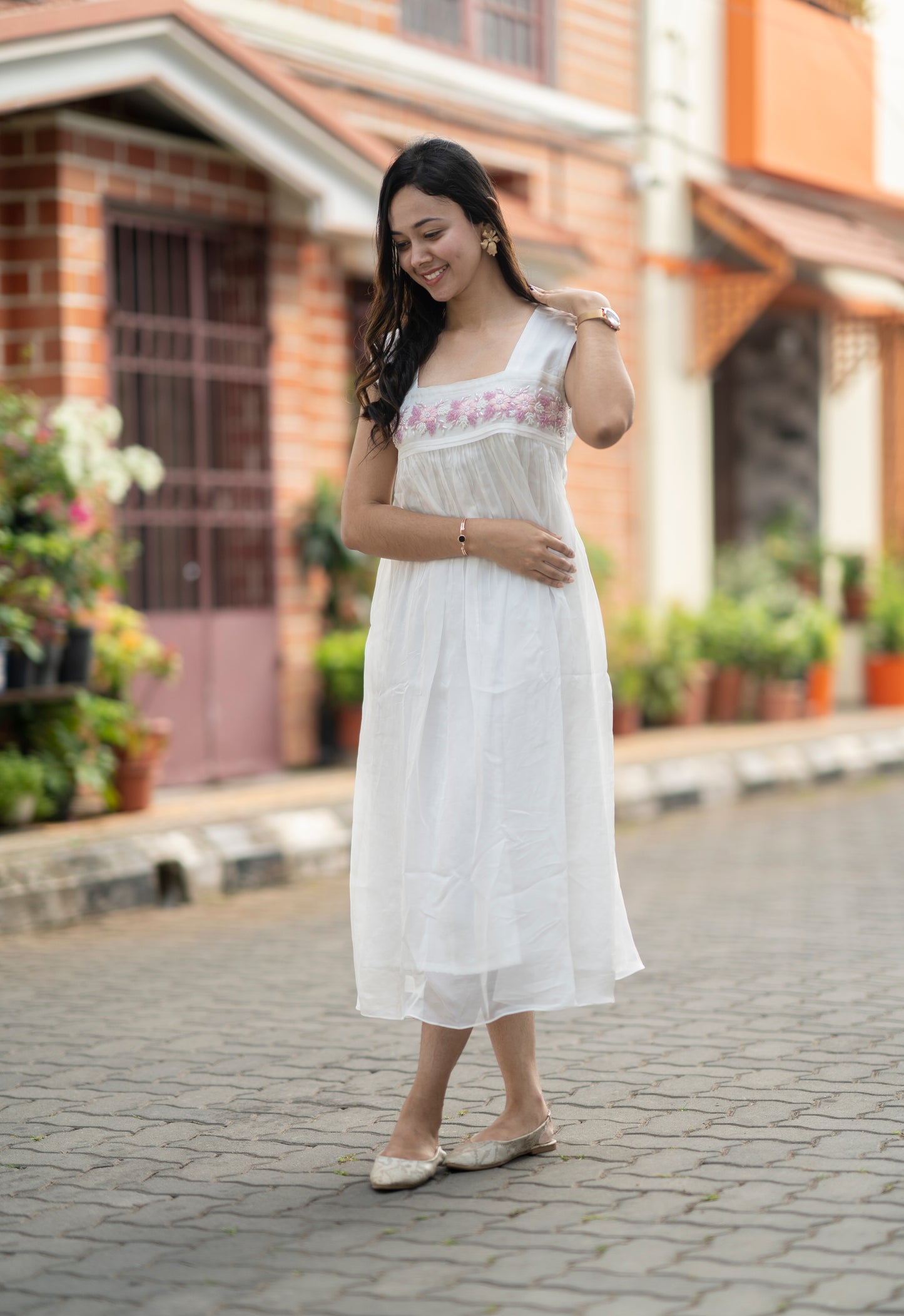 White viscose organza Aline kurti with heavy hand worked yoke MBS-578