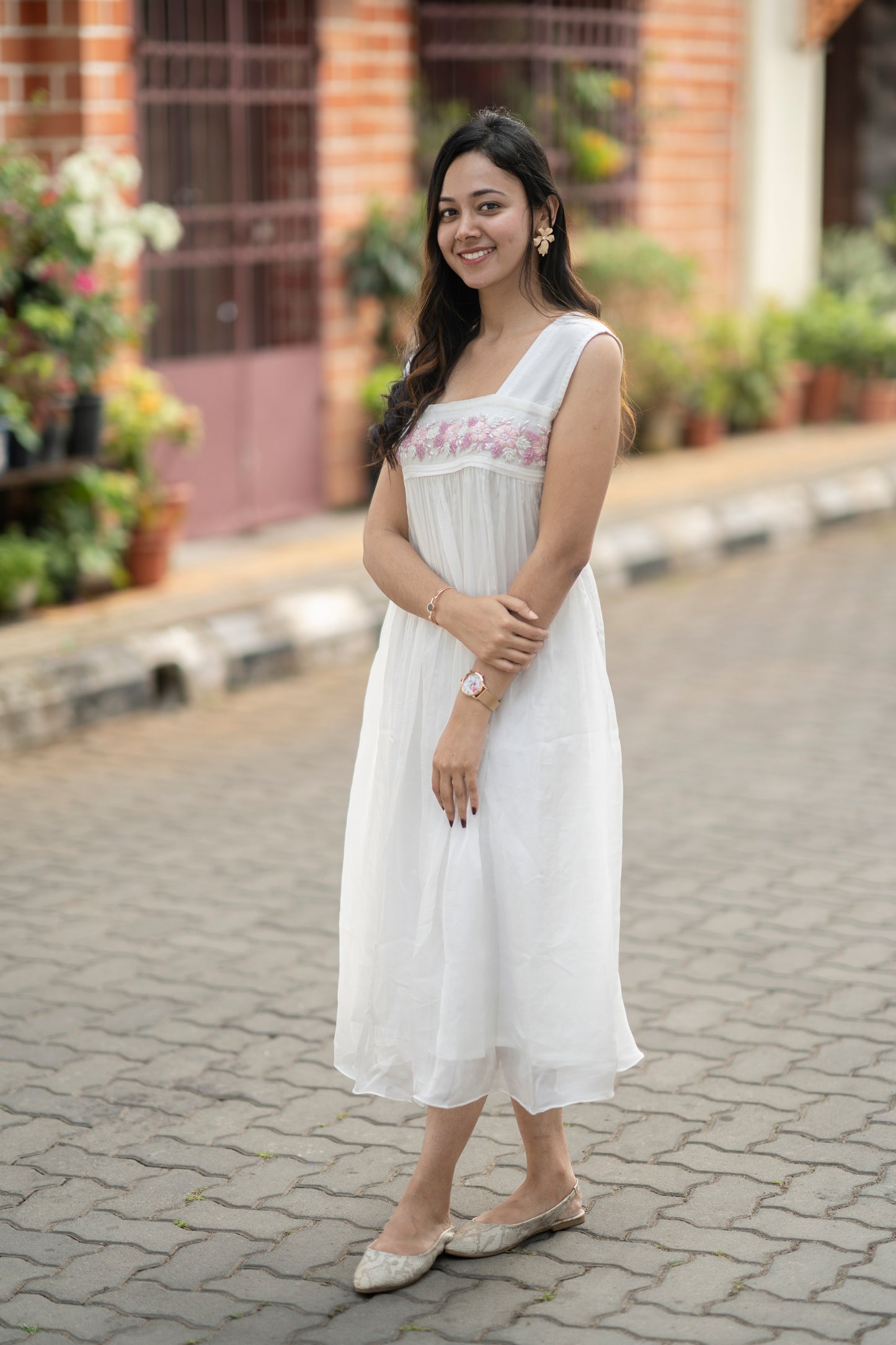 White viscose organza Aline kurti with heavy hand worked yoke MBS-578