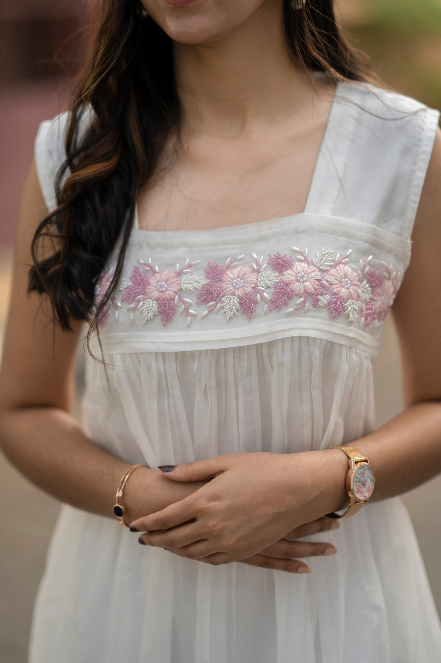 White viscose organza Aline kurti with heavy hand worked yoke MBS-578