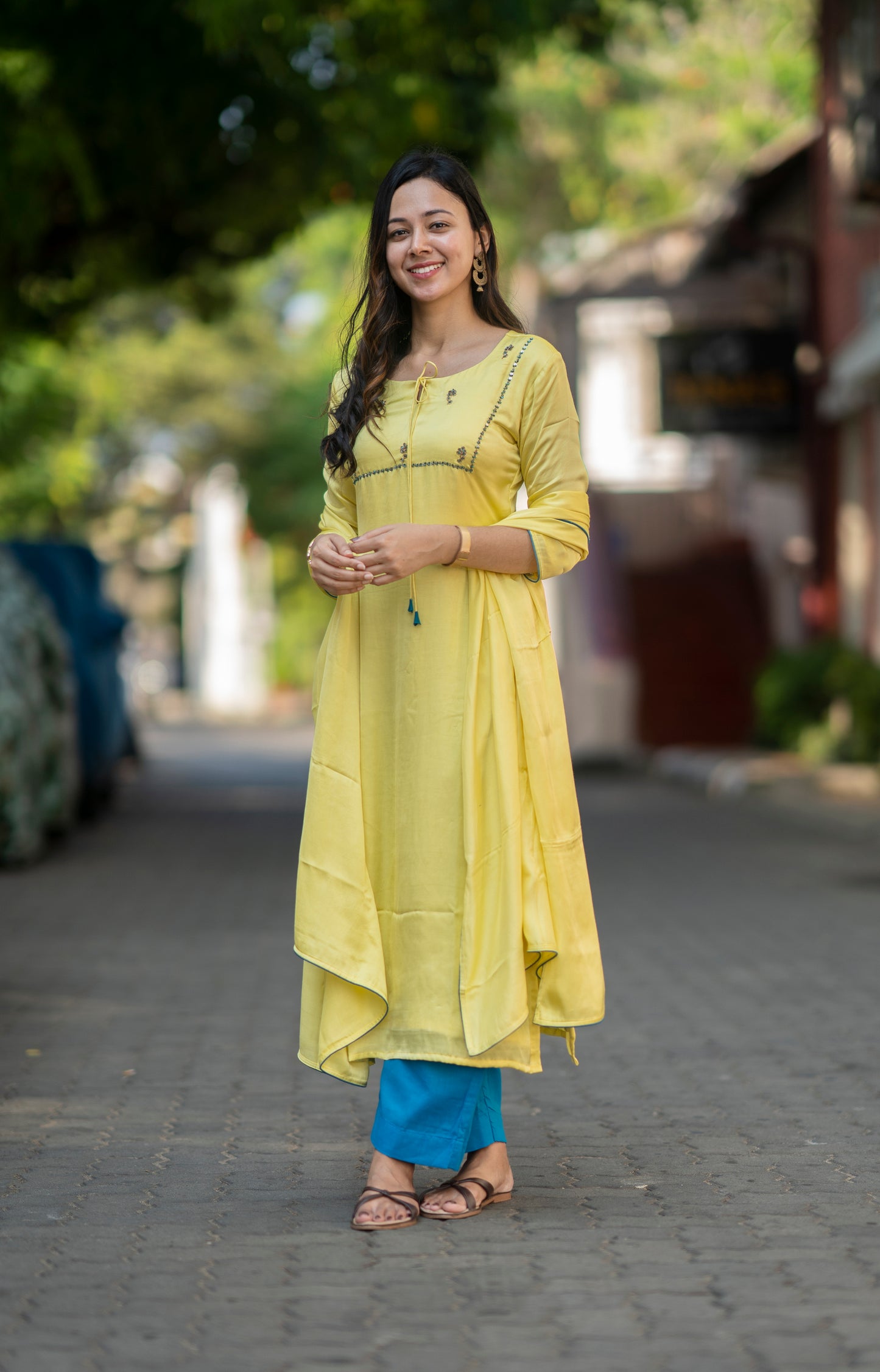 Yellow shaded satin modal slitted kurti with handworked front and back yoke with santoon lining MBS-580