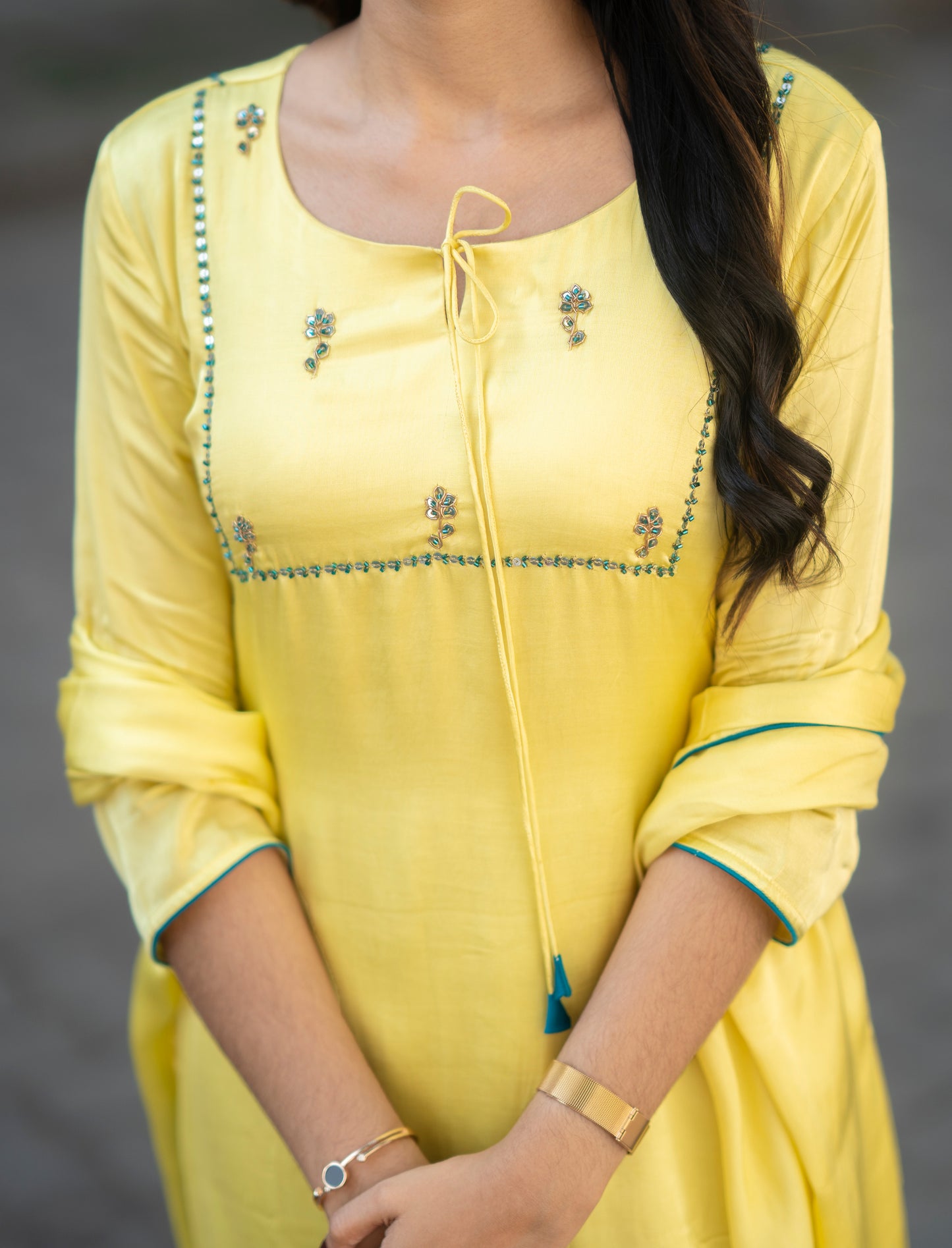 Yellow shaded satin modal slitted kurti with handworked front and back yoke with santoon lining MBS-580