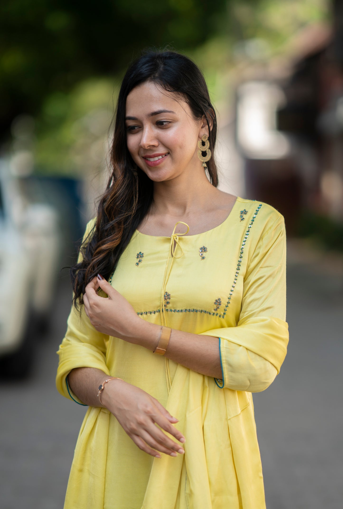 Yellow shaded satin modal slitted kurti with handworked front and back yoke with santoon lining MBS-580