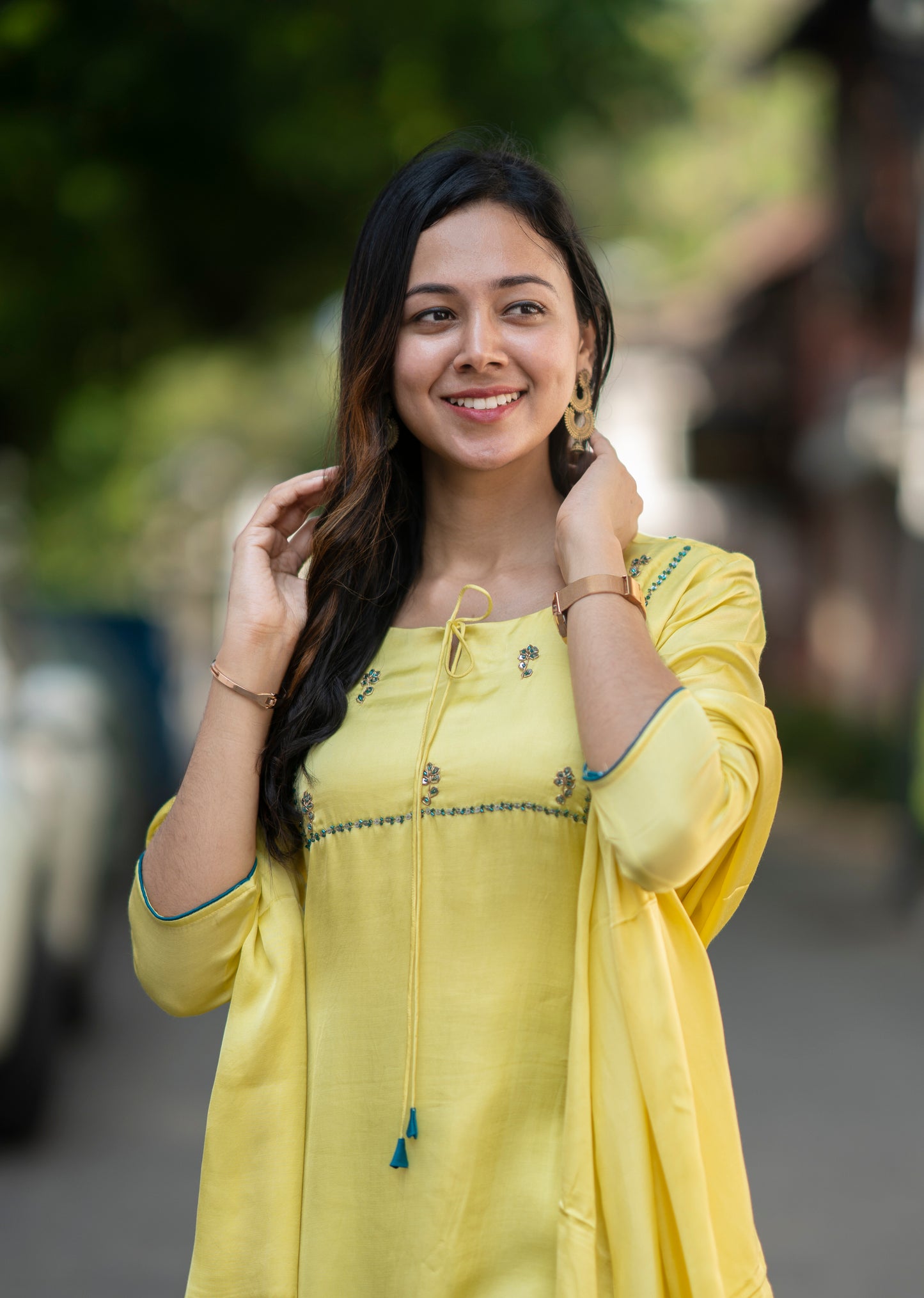 Yellow shaded satin modal slitted kurti with handworked front and back yoke with santoon lining MBS-580