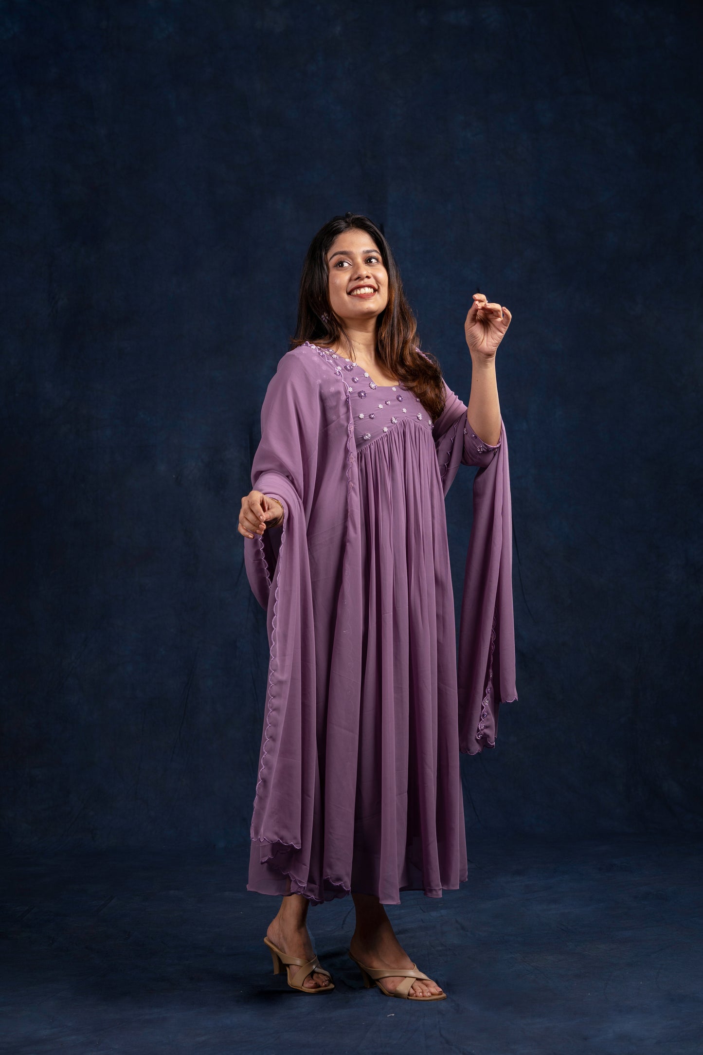 Lavender shaded georgette A-line kurti with heavy handworked yoke and dupatta MBS251