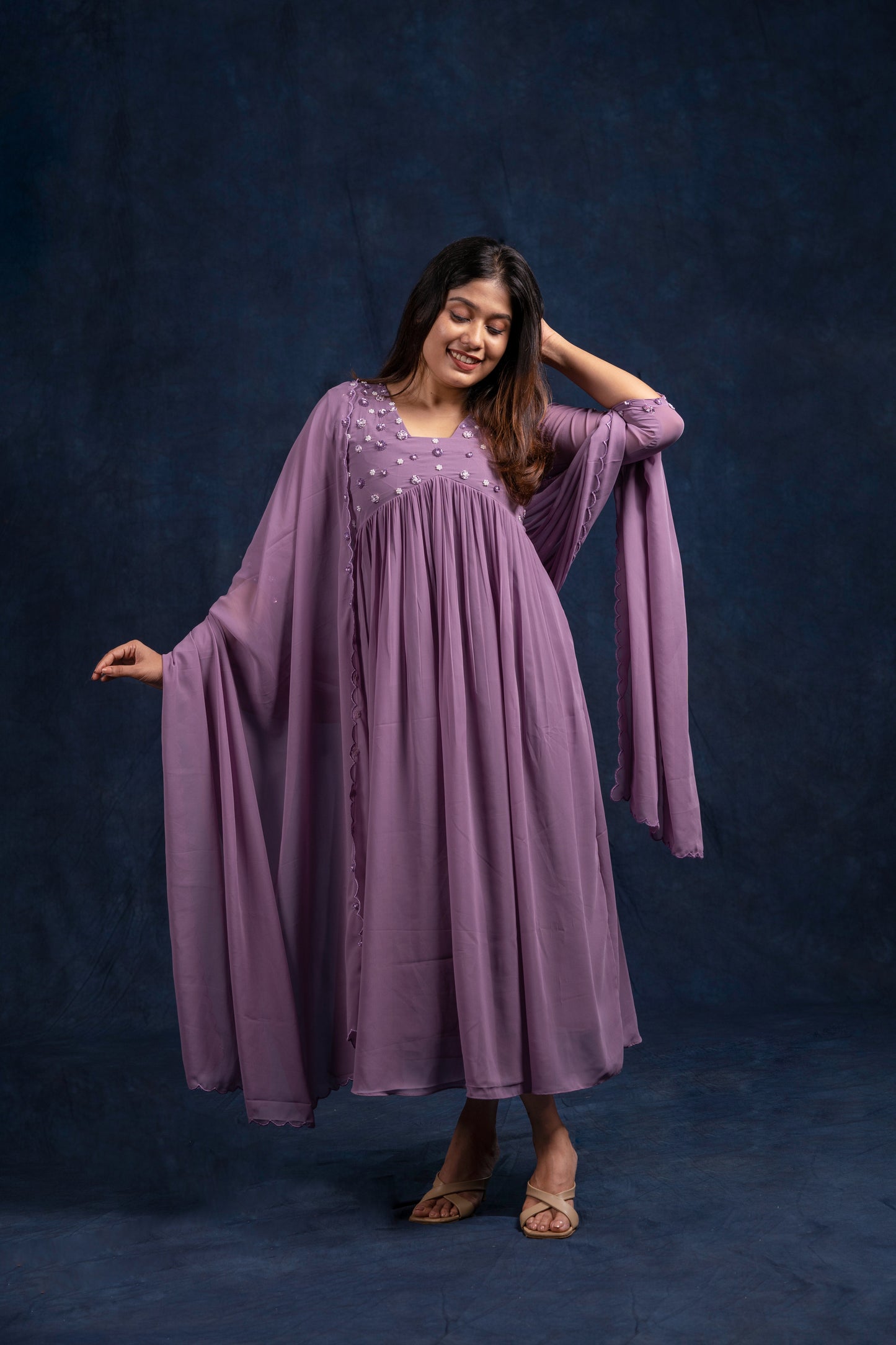 Lavender shaded georgette A-line kurti with heavy handworked yoke and dupatta MBS251