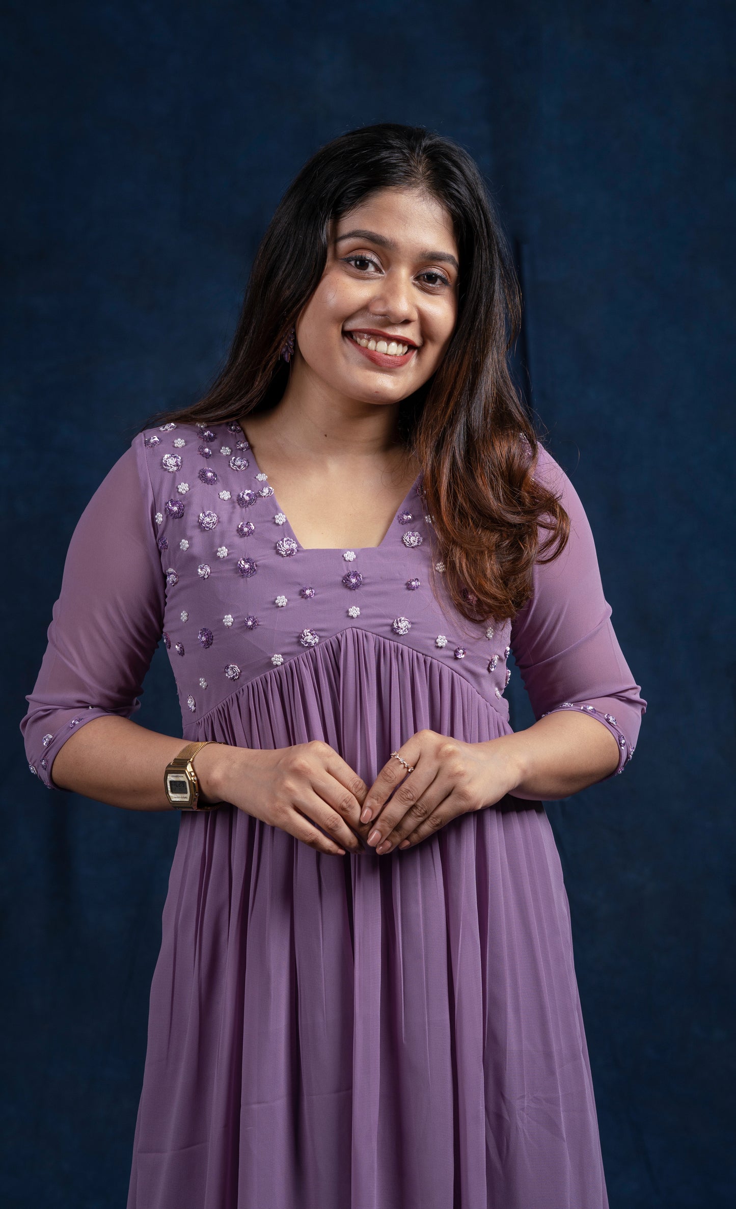 Lavender shaded georgette A-line kurti with heavy handworked yoke and dupatta MBS251