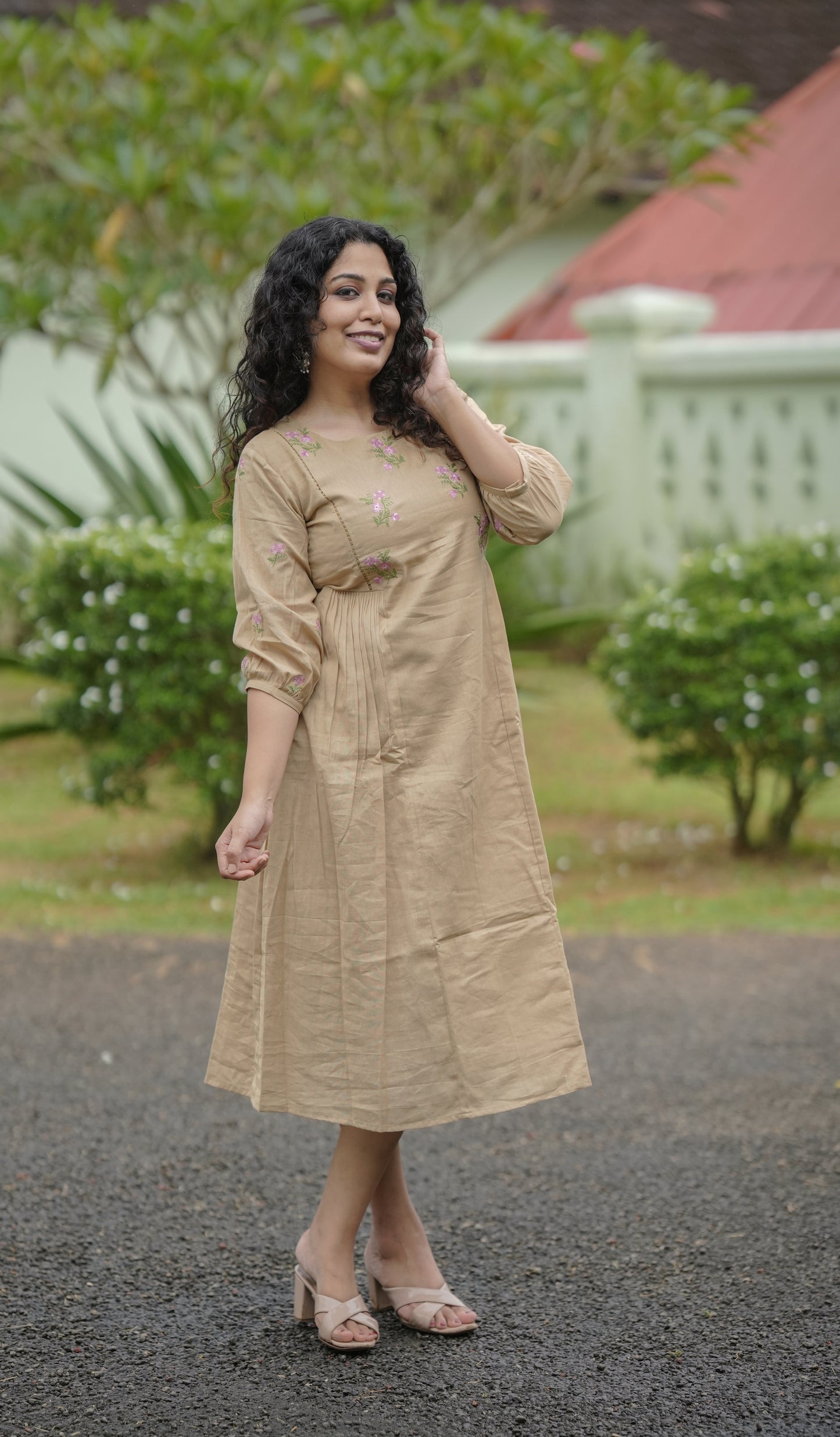 Cotton flex kurti/dress with floral embroidery detailings on yoke and sleeves in dark beige shade MBS-638