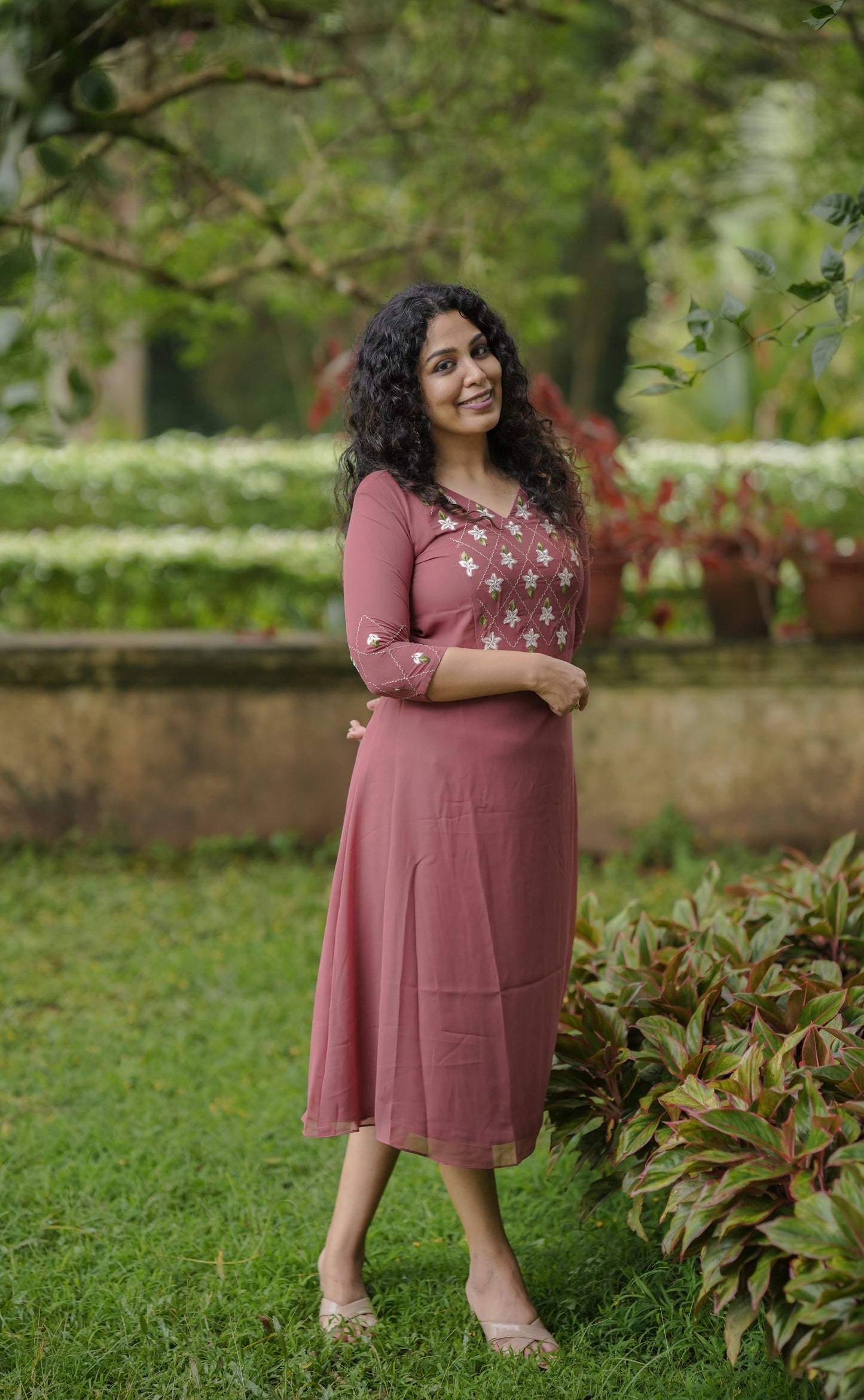 Pastel chocolate shaded georgette A-line kurti/dress with thread embroidered yoke and sleeves MBS-647