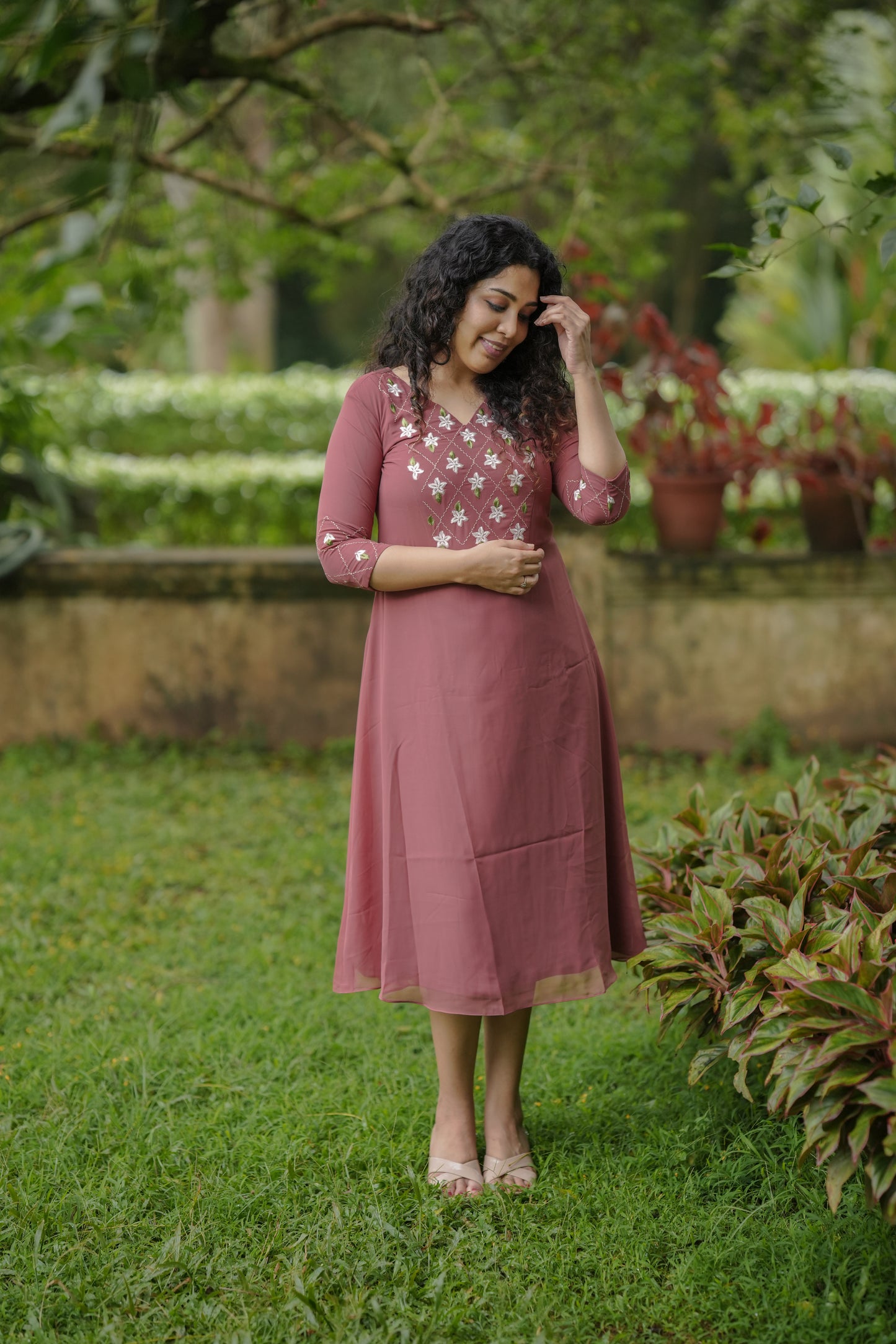 Pastel chocolate shaded georgette A-line kurti/dress with thread embroidered yoke and sleeves MBS-647