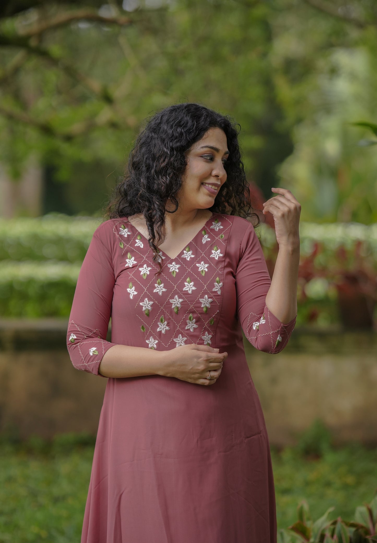 Pastel chocolate shaded georgette A-line kurti/dress with thread embroidered yoke and sleeves MBS-647