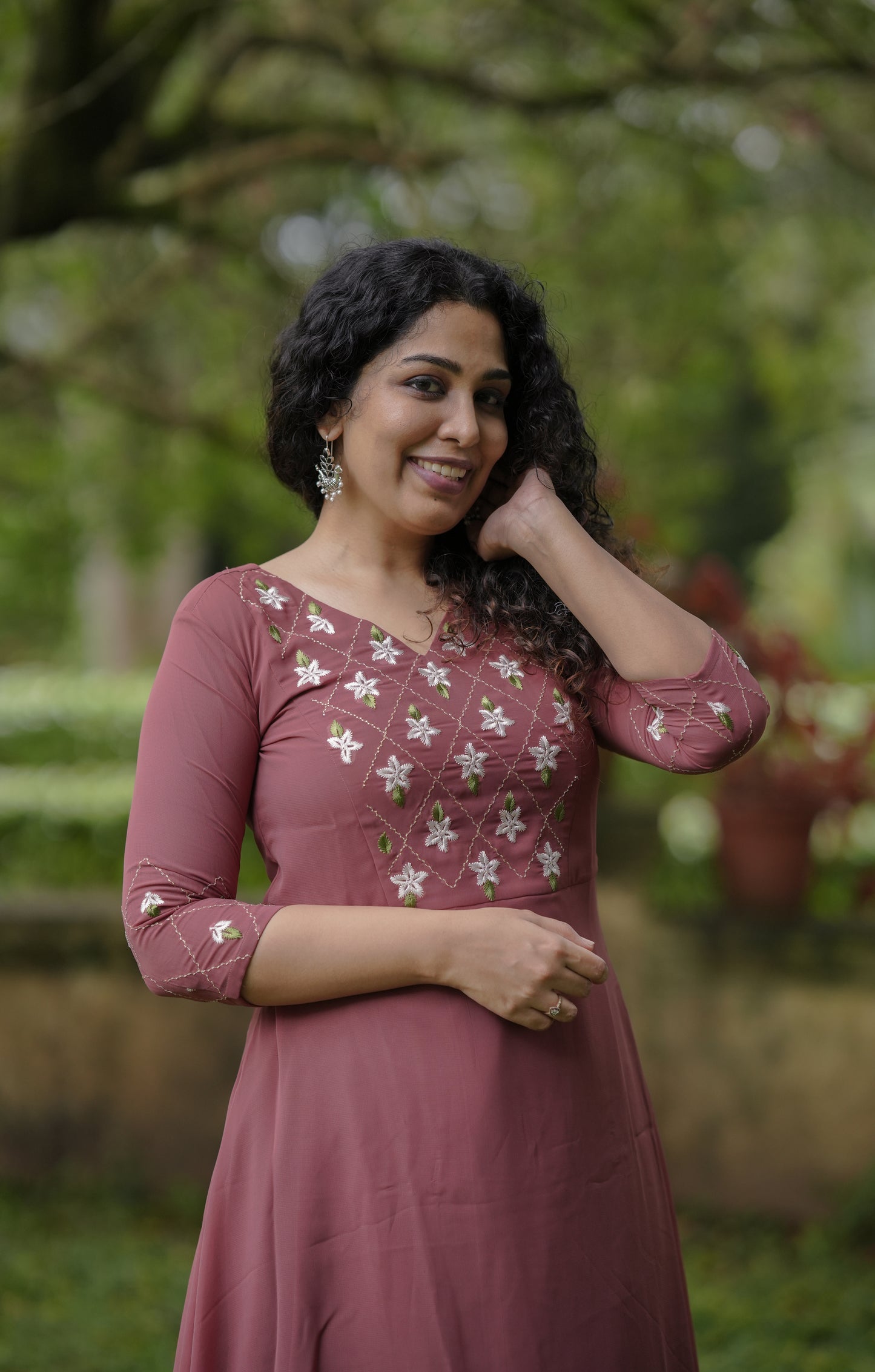 Pastel chocolate shaded georgette A-line kurti/dress with thread embroidered yoke and sleeves MBS-647