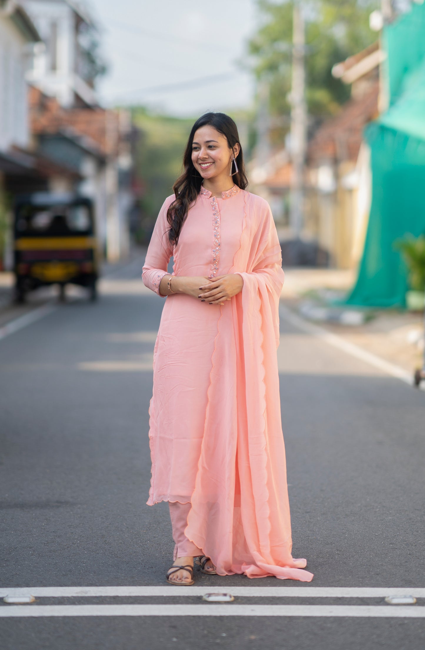 Powder peach shaded viscose organza kurti with shantoon lining MBS-609