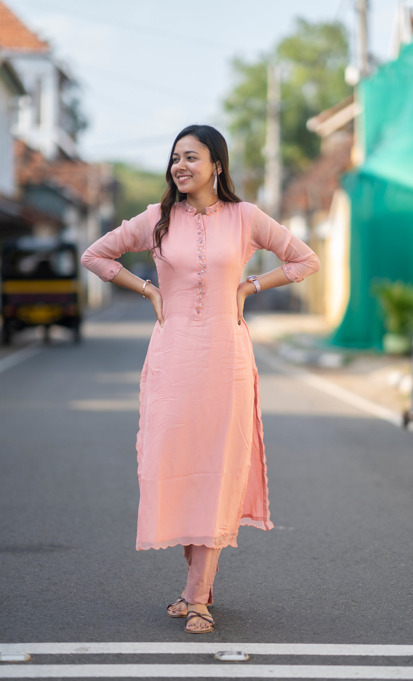 Powder peach shaded viscose organza kurti with shantoon lining MBS-609