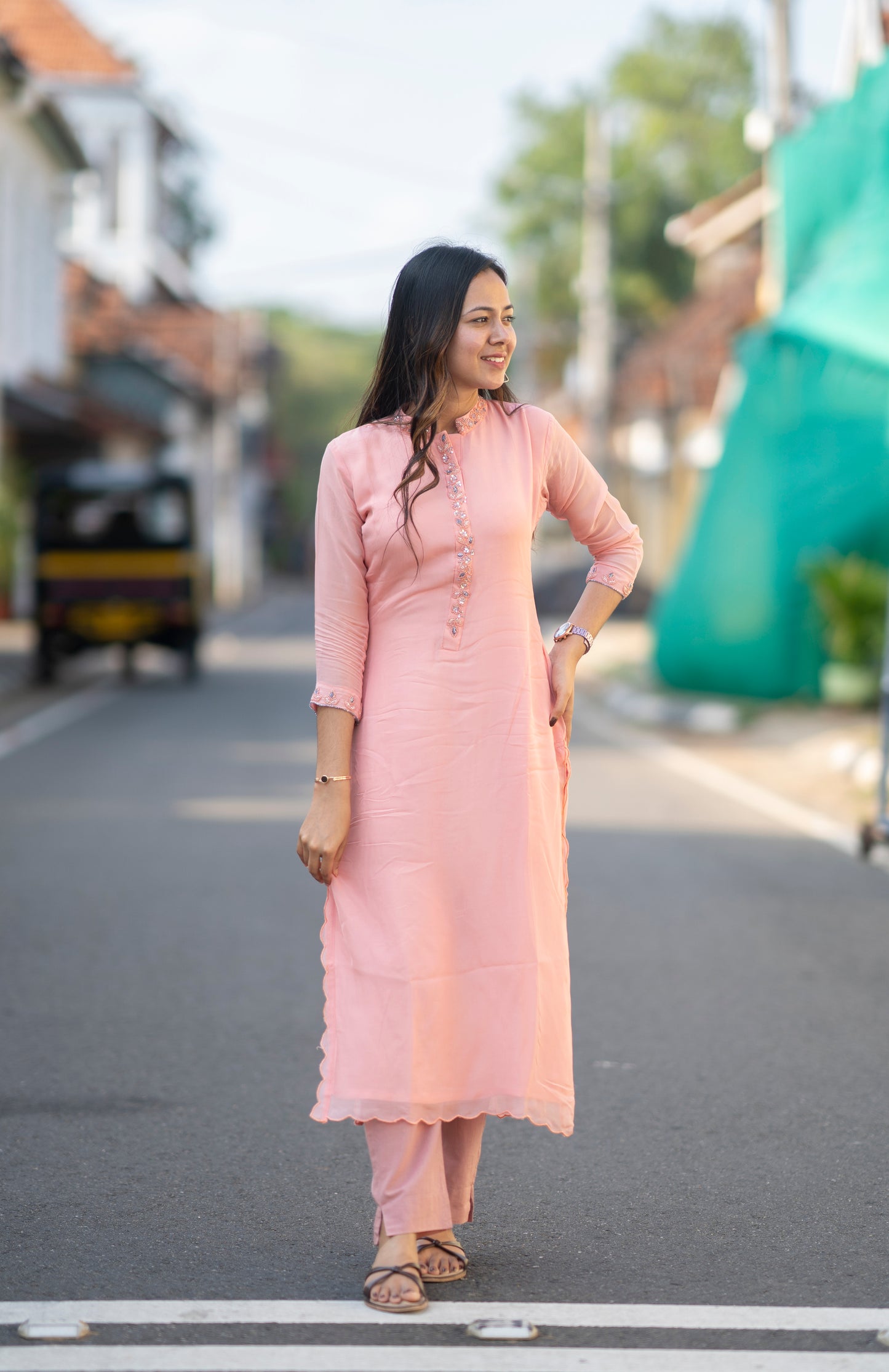 Powder peach shaded viscose organza kurti with shantoon lining MBS-609