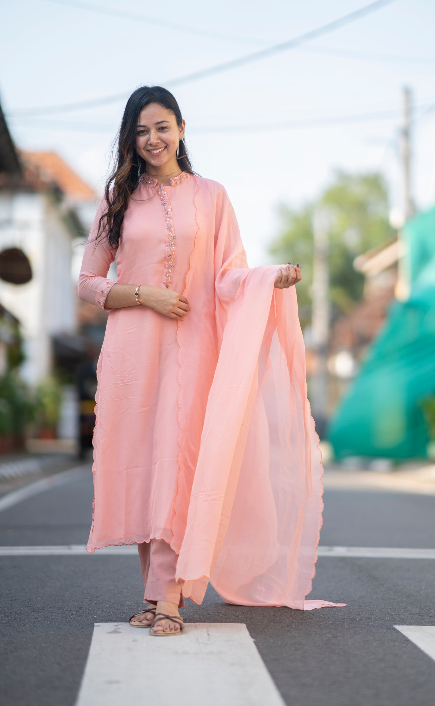Powder peach shaded viscose organza kurti with shantoon lining MBS-609