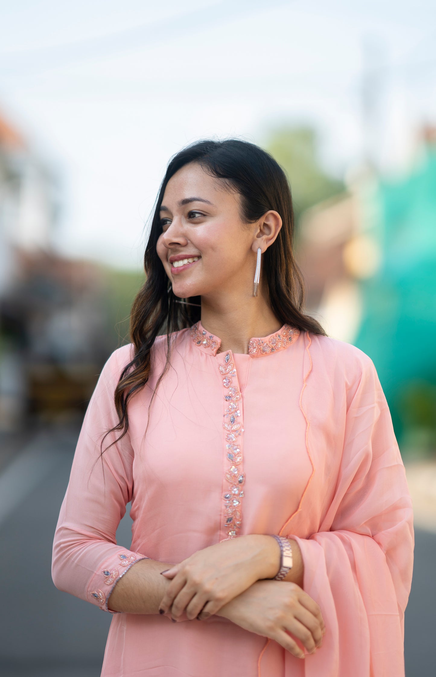 Powder peach shaded viscose organza kurti with shantoon lining MBS-609
