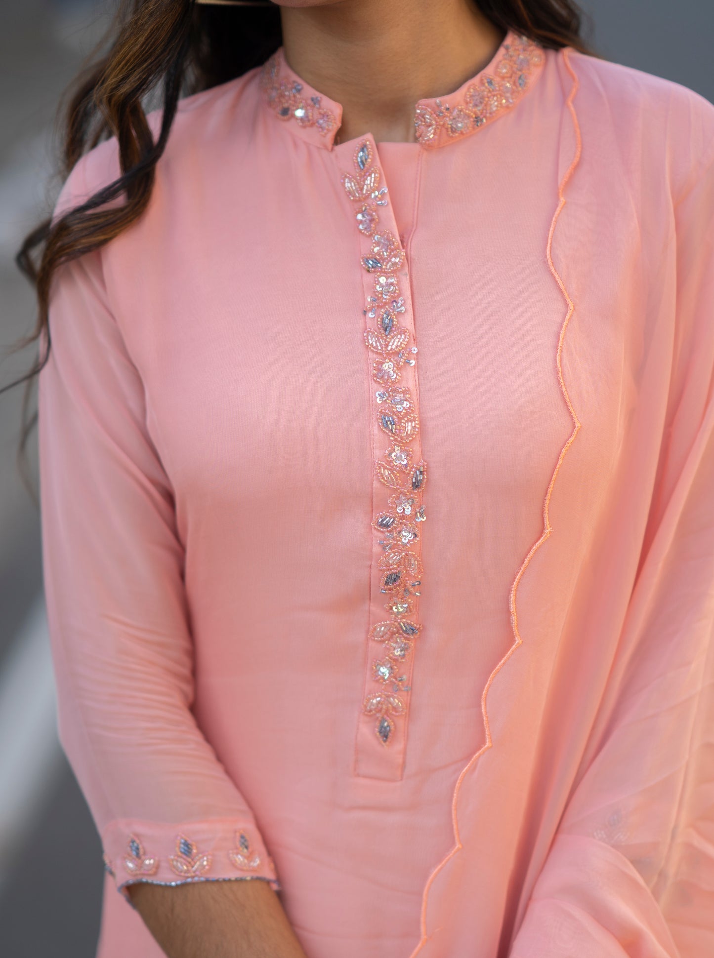 Powder peach shaded viscose organza kurti with shantoon lining MBS-609