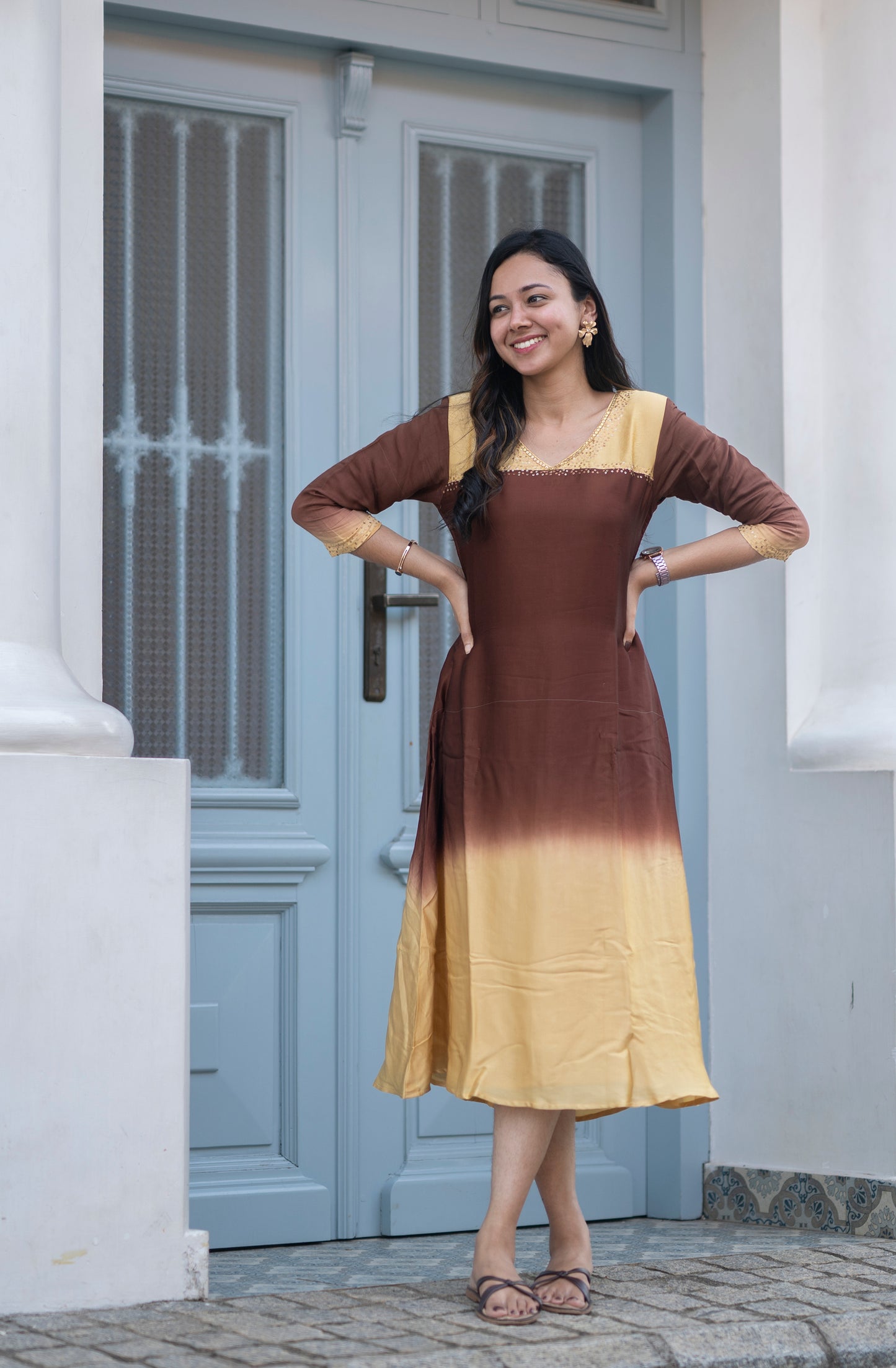 Yellow ombre shaded satin modal A-line kurti with handwork detailed yoke and sleeve with santoon lining MBS-595