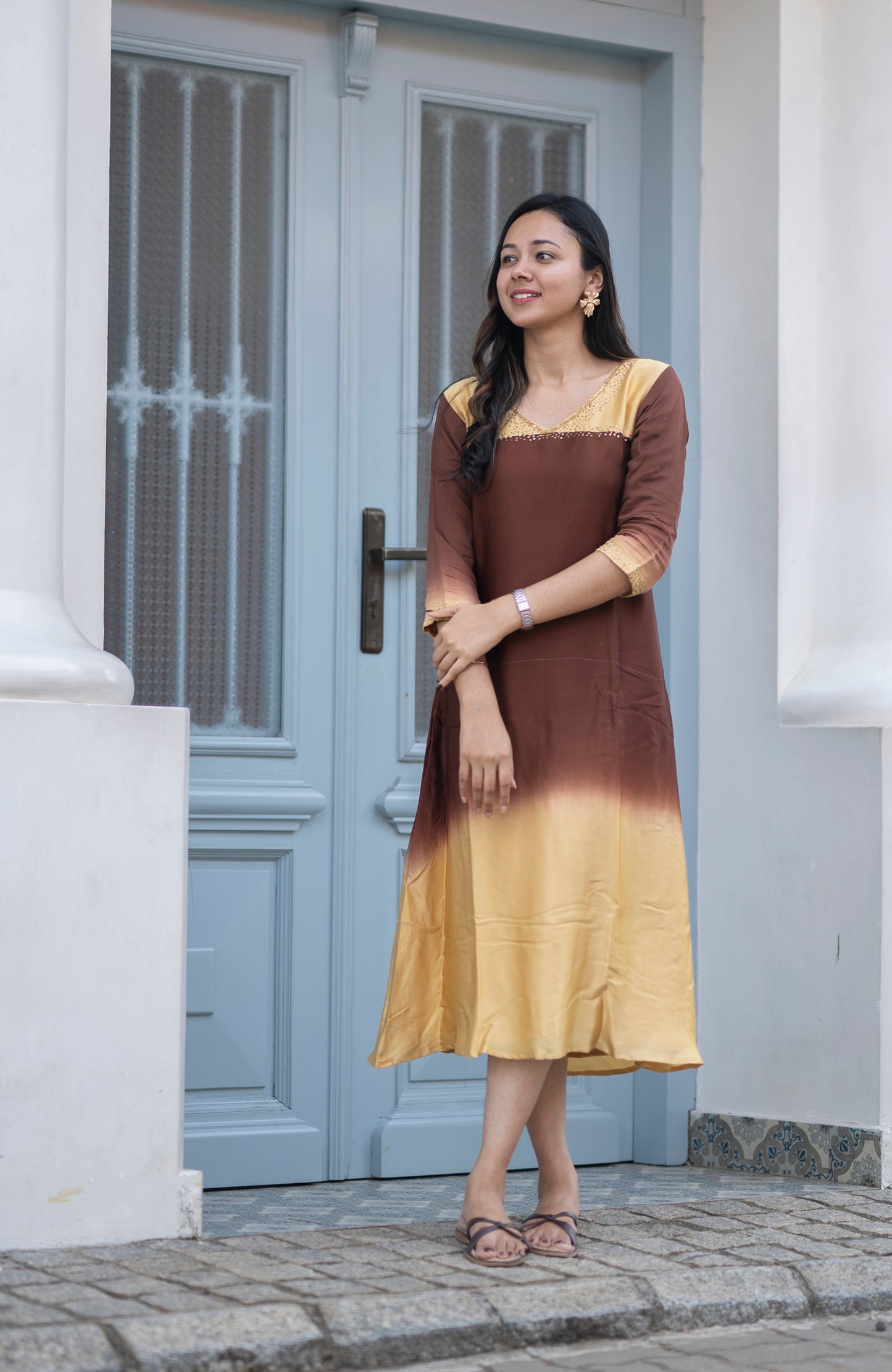 Yellow ombre shaded satin modal A-line kurti with handwork detailed yoke and sleeve with santoon lining MBS-595