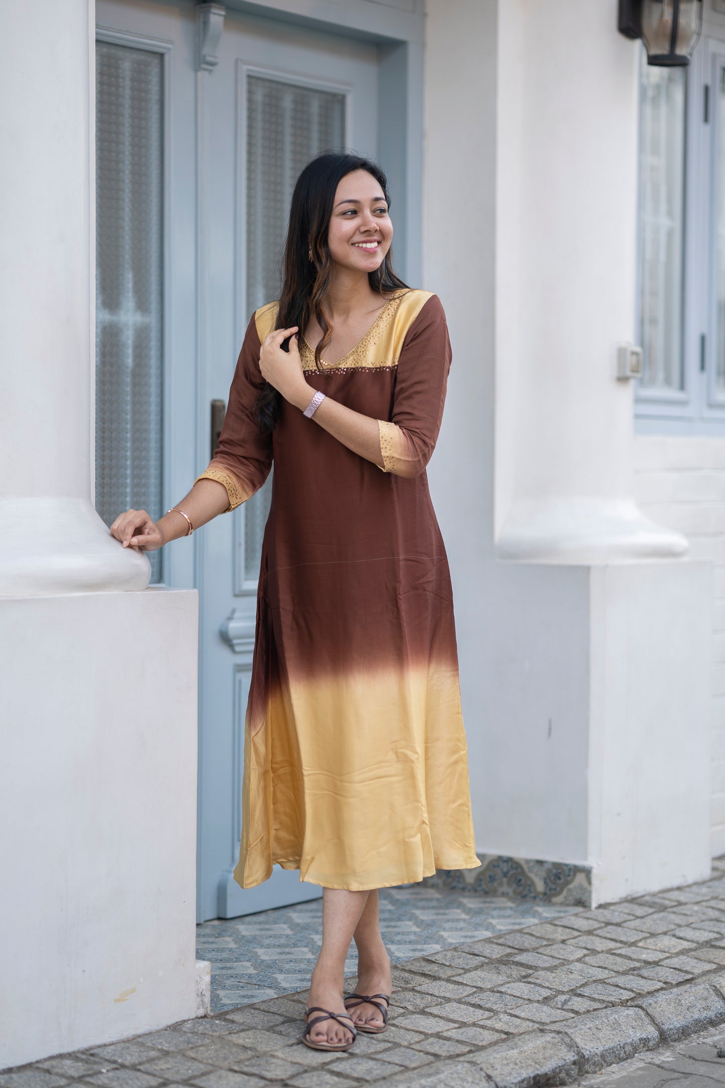 Yellow ombre shaded satin modal A-line kurti with handwork detailed yoke and sleeve with santoon lining MBS-595