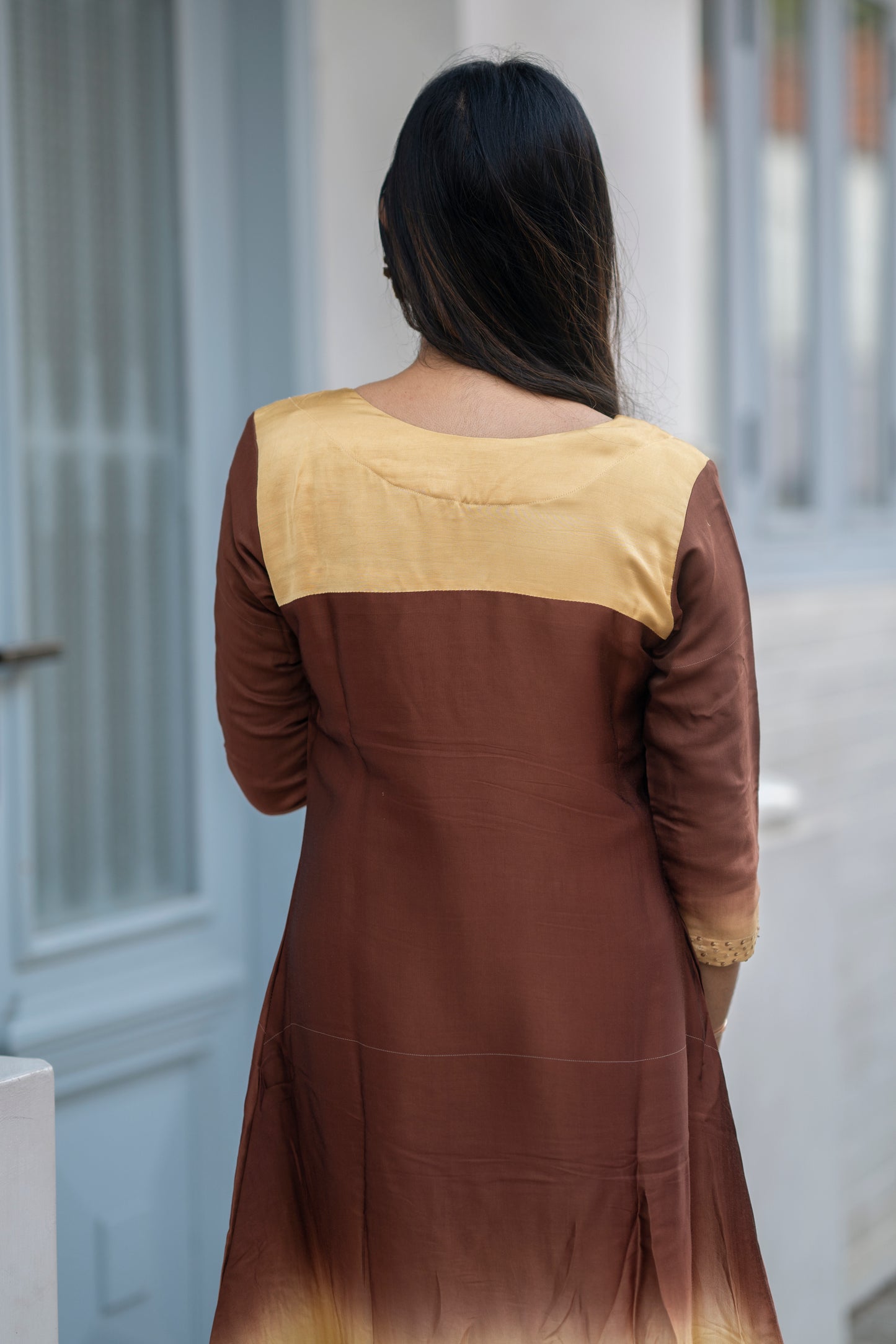 Yellow ombre shaded satin modal A-line kurti with handwork detailed yoke and sleeve with santoon lining MBS-595