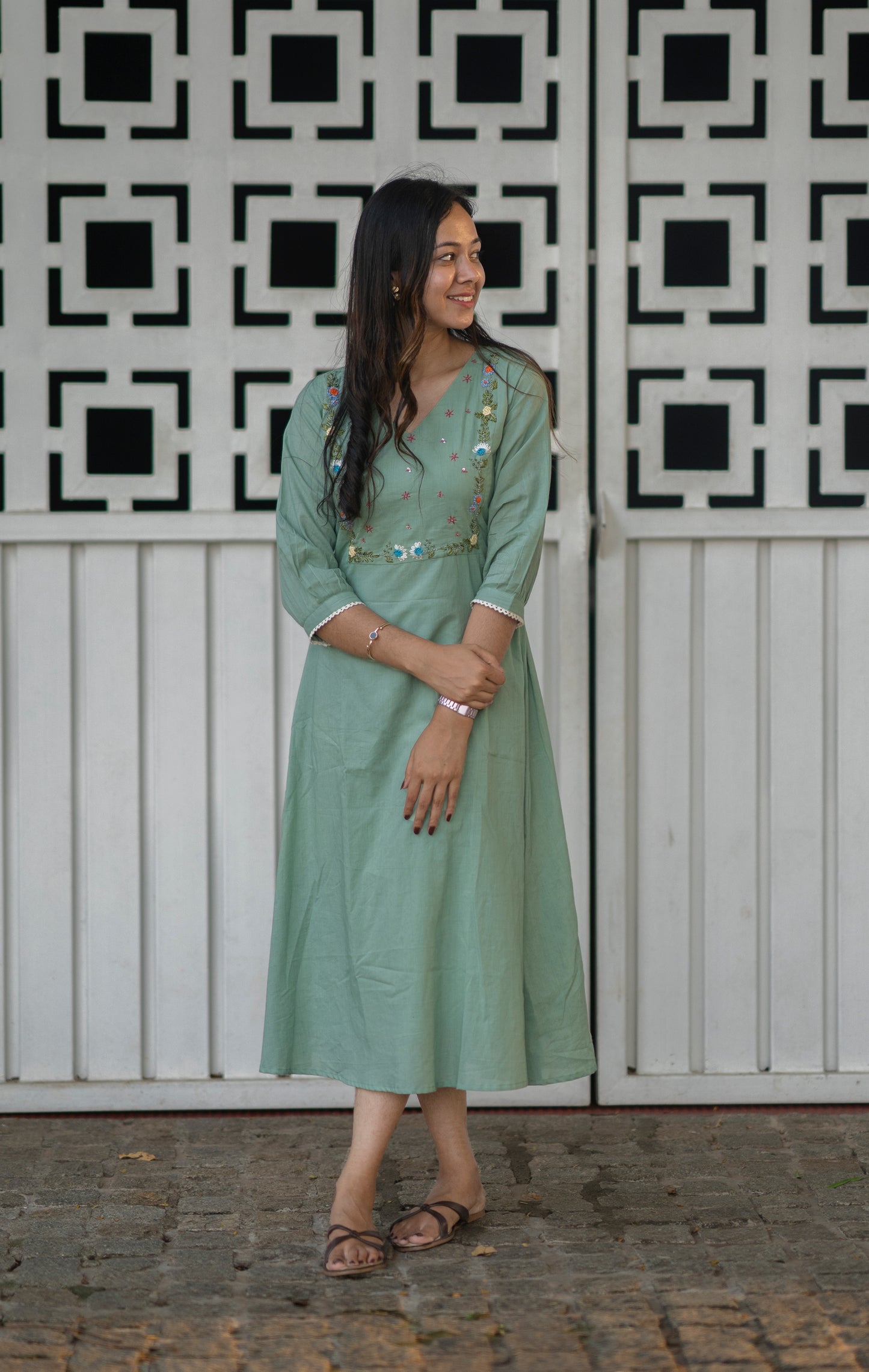 Light sea green kora mul cotton A-line dress/kurti with thread embroidered yoke MBS-606