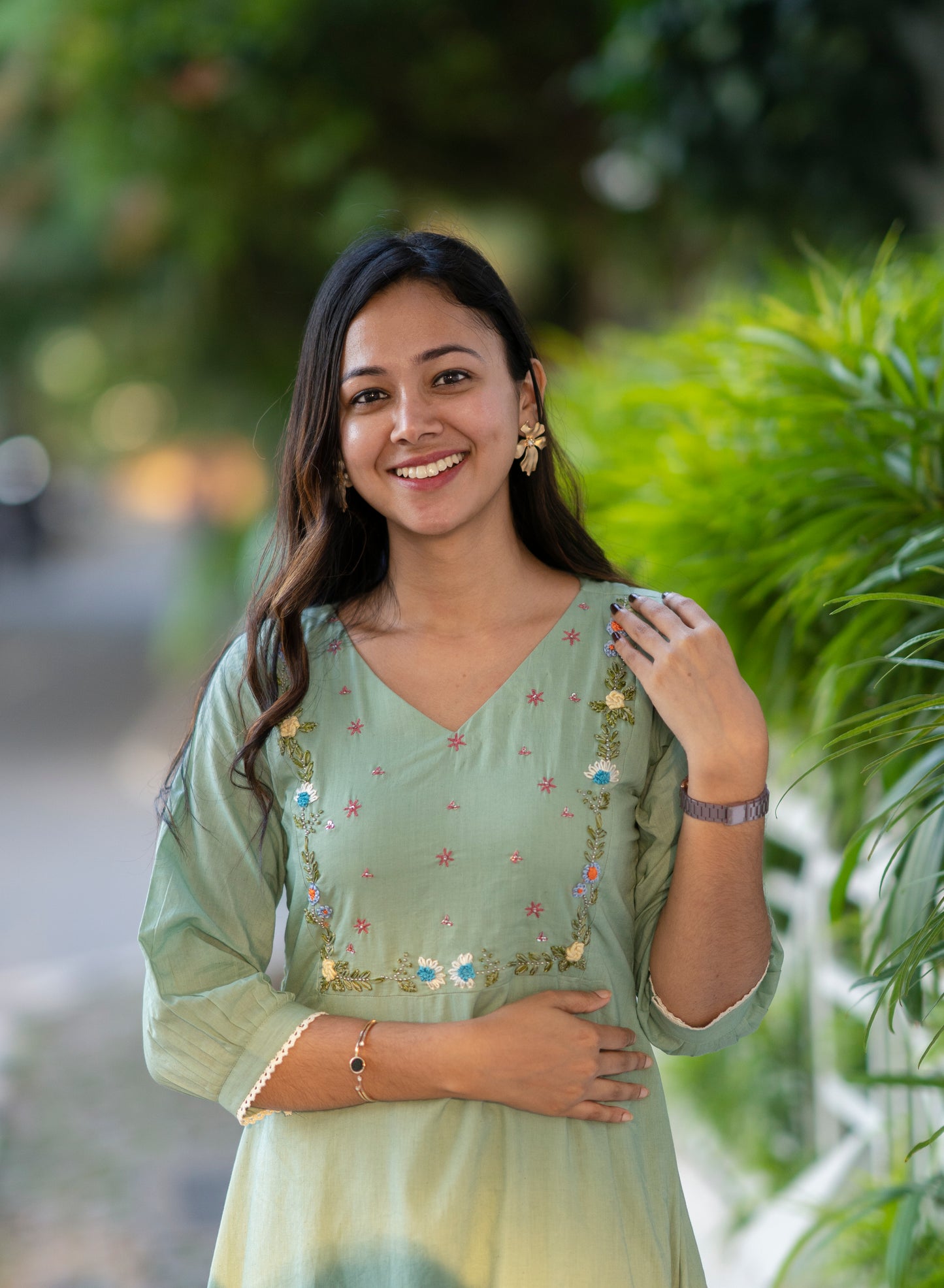 Light sea green kora mul cotton A-line dress/kurti with thread embroidered yoke MBS-606