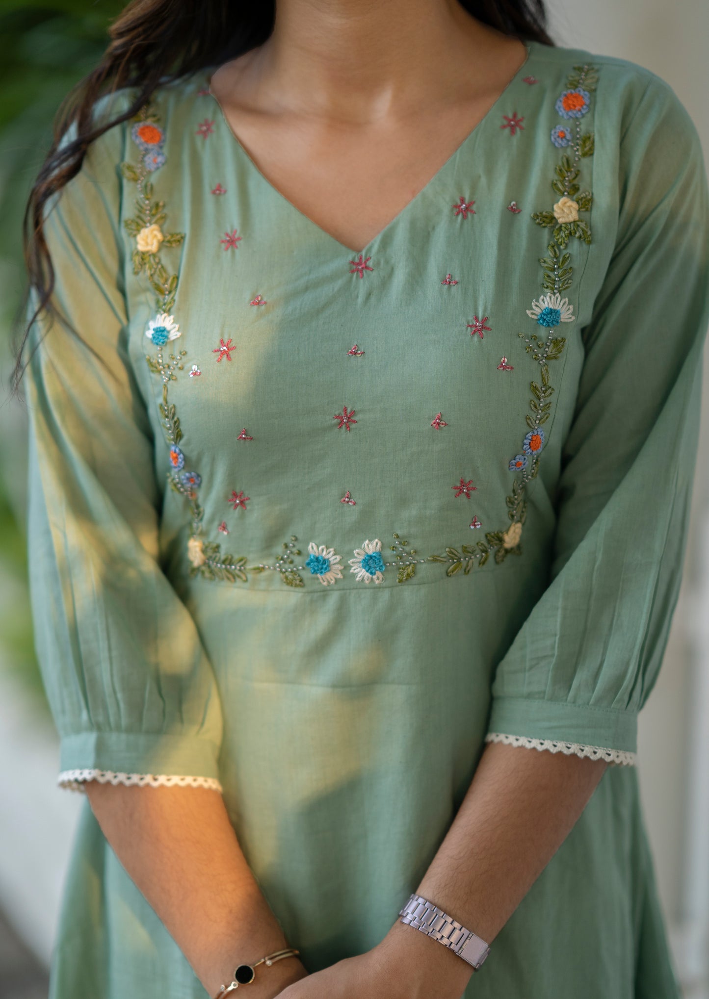 Light sea green kora mul cotton A-line dress/kurti with thread embroidered yoke MBS-606