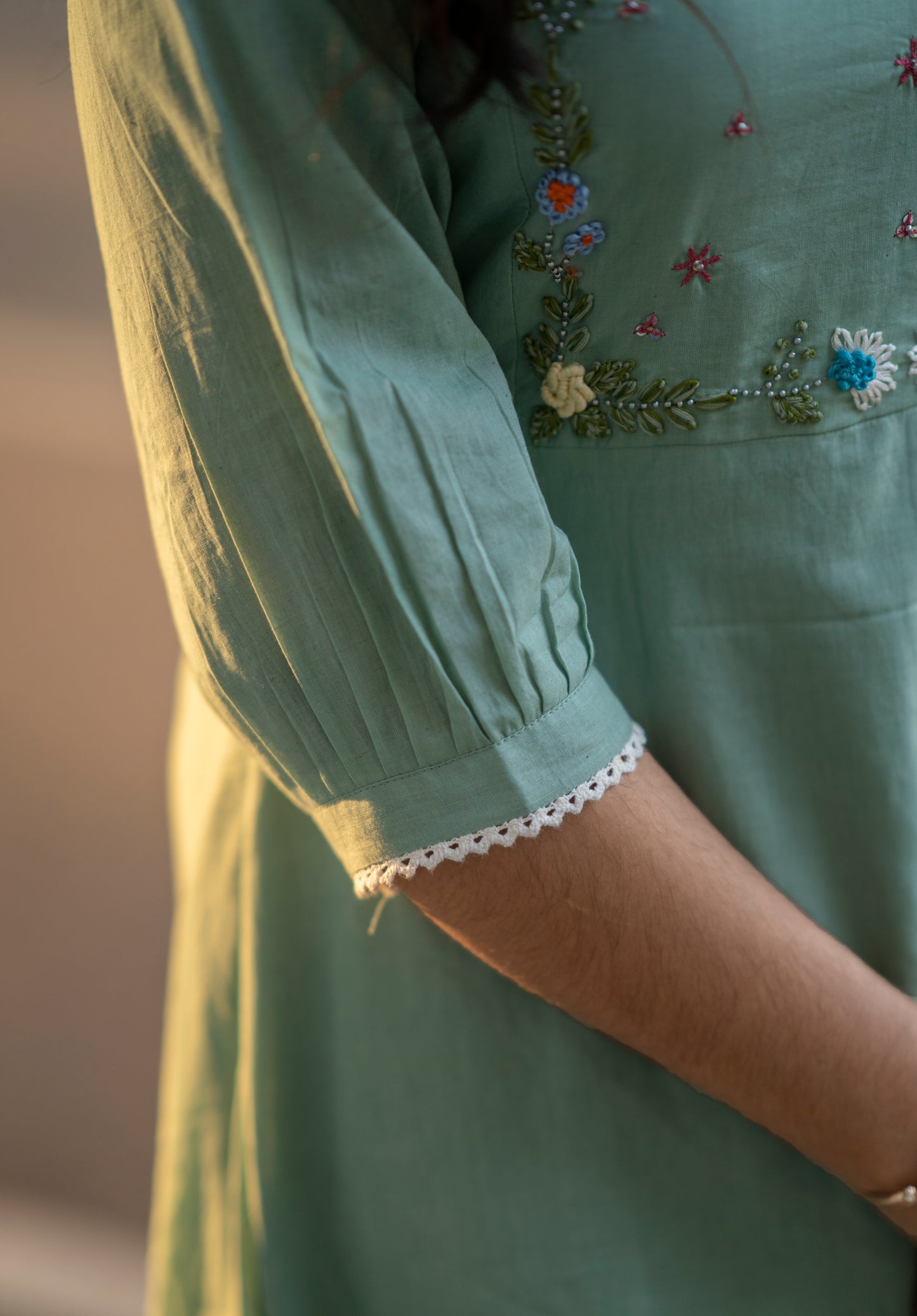 Light sea green kora mul cotton A-line dress/kurti with thread embroidered yoke MBS-606