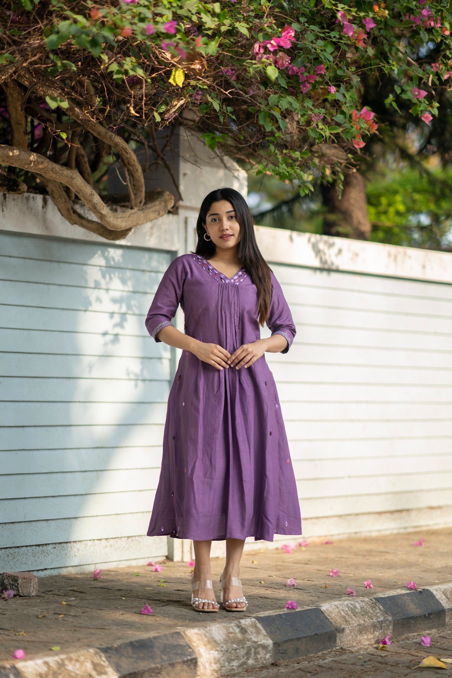 Lavender shaded dull linen Aline kurti with handwork detailed neck and side panel with santoon lining MBS-575