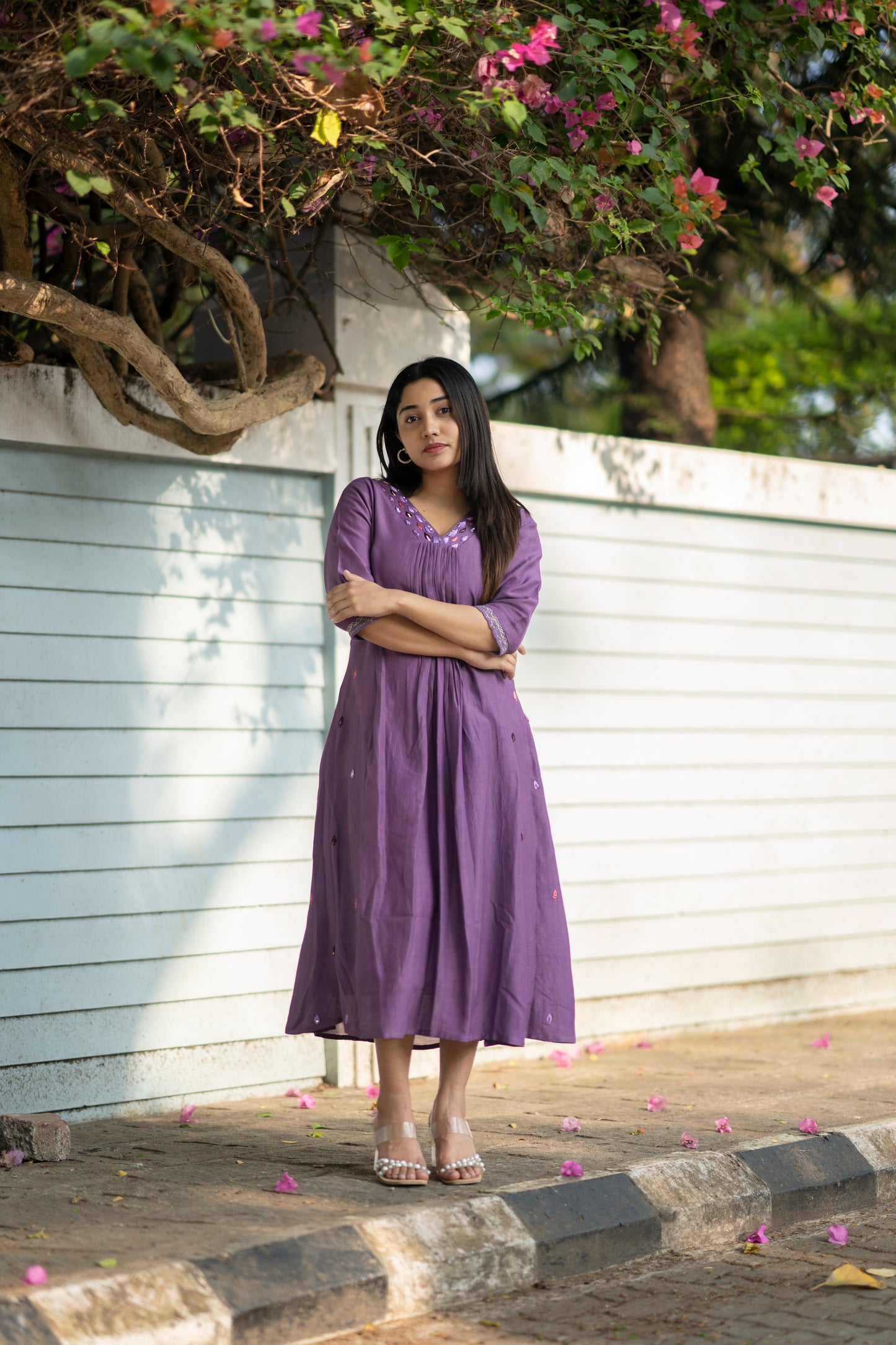 Lavender shaded dull linen Aline kurti with handwork detailed neck and side panel with santoon lining MBS-575