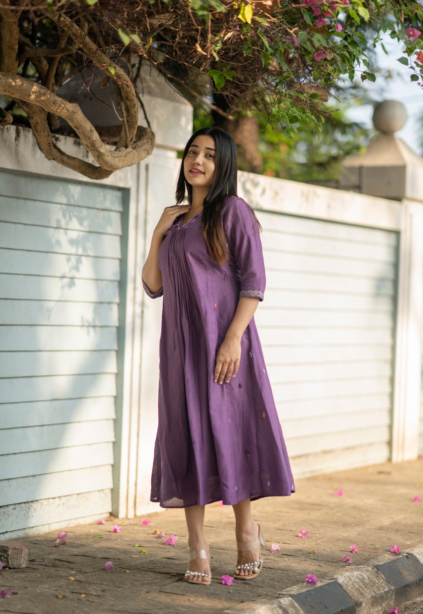 Lavender shaded dull linen Aline kurti with handwork detailed neck and side panel with santoon lining MBS-575