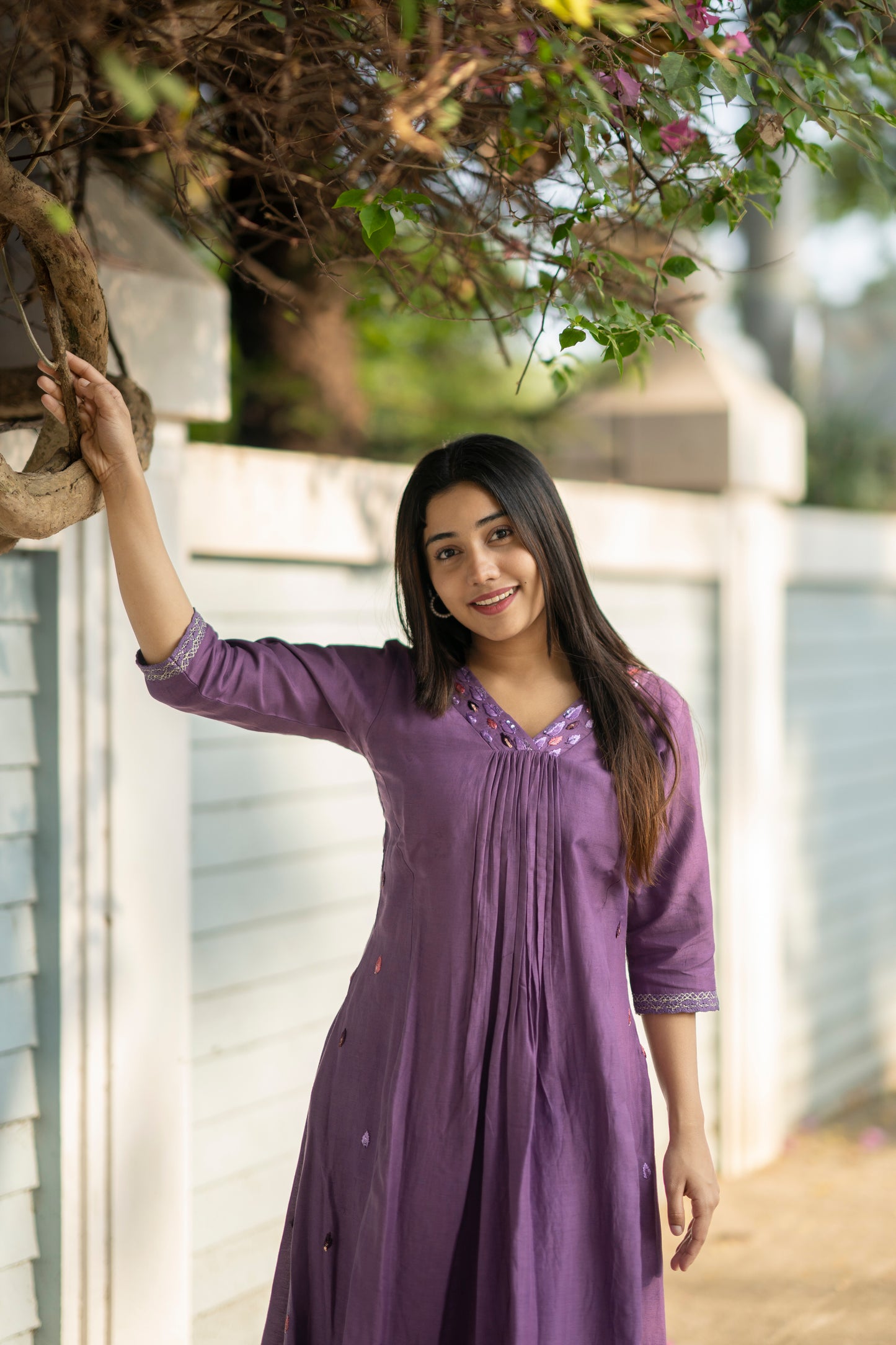 Lavender shaded dull linen Aline kurti with handwork detailed neck and side panel with santoon lining MBS-575
