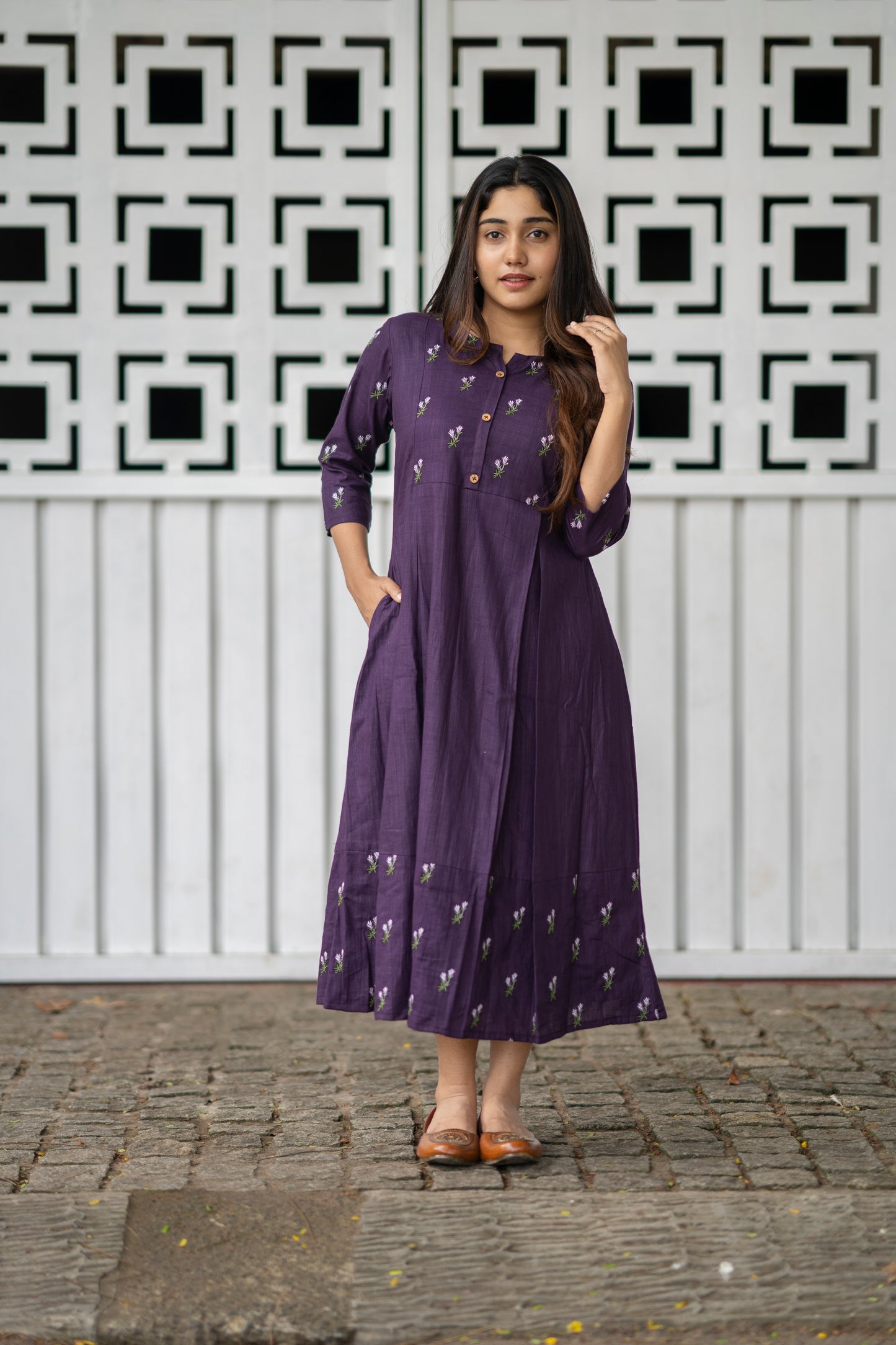 Grape purple shaded cotton slub kurti/ dress with floral thread embroidery detailings MBS-465