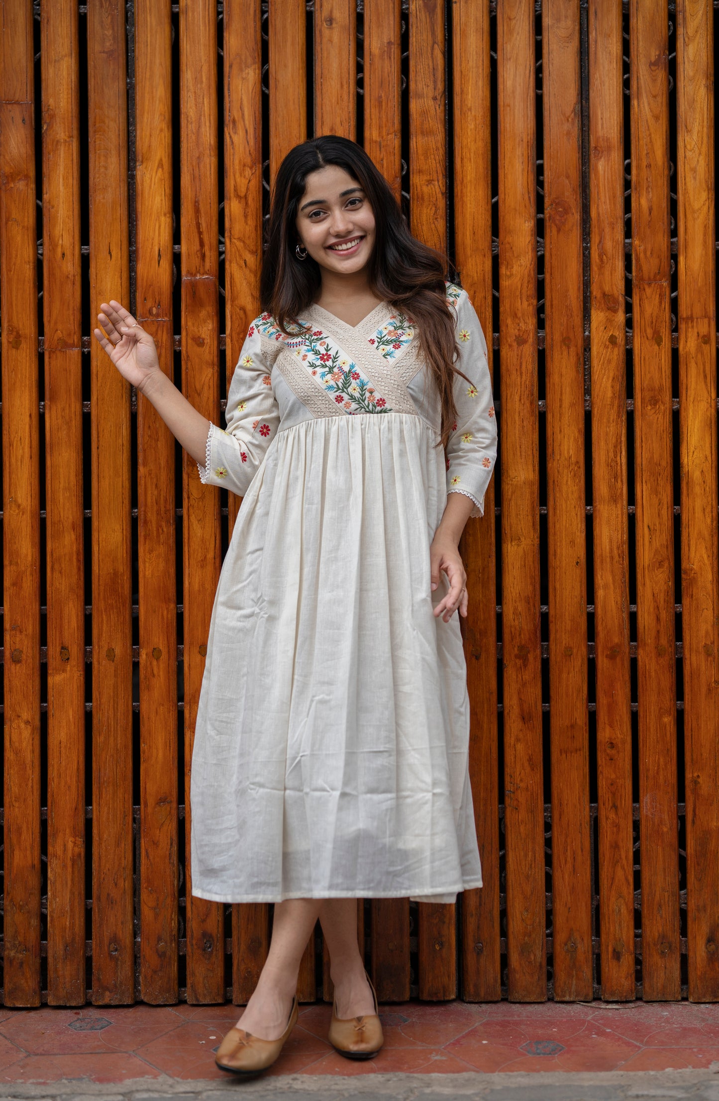 Off white cotton kurti/ dress with floral embroidery and crochet lace detailings MBS-463