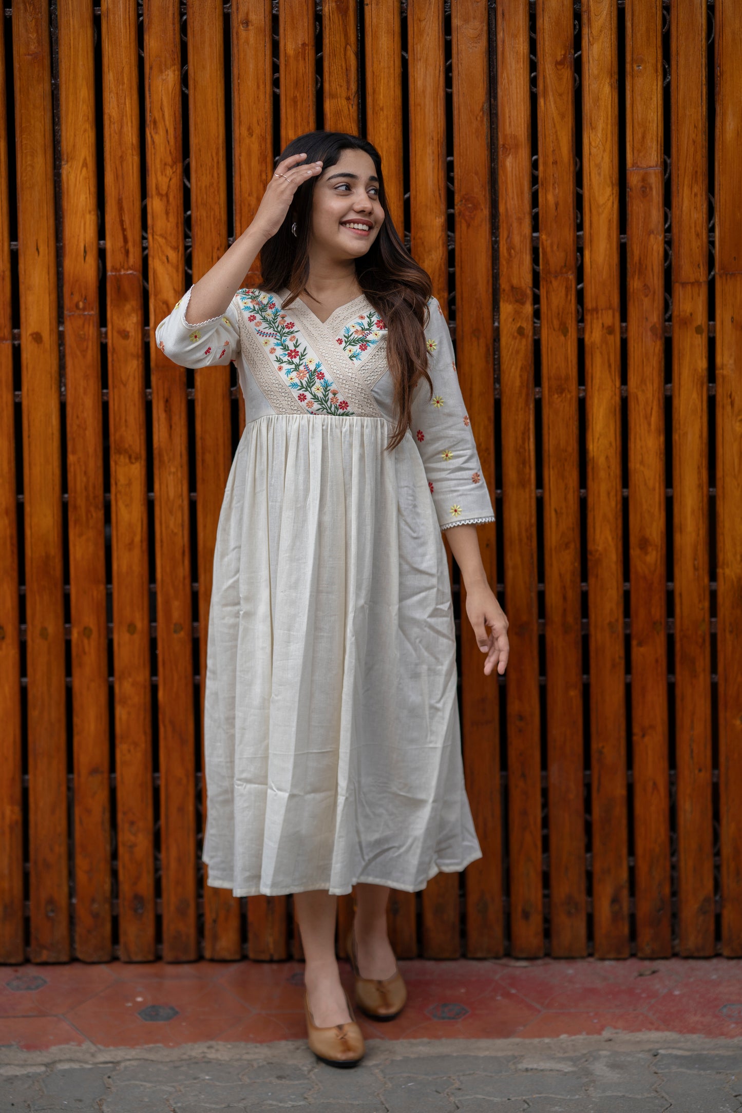 Off white cotton kurti/ dress with floral embroidery and crochet lace detailings MBS-463