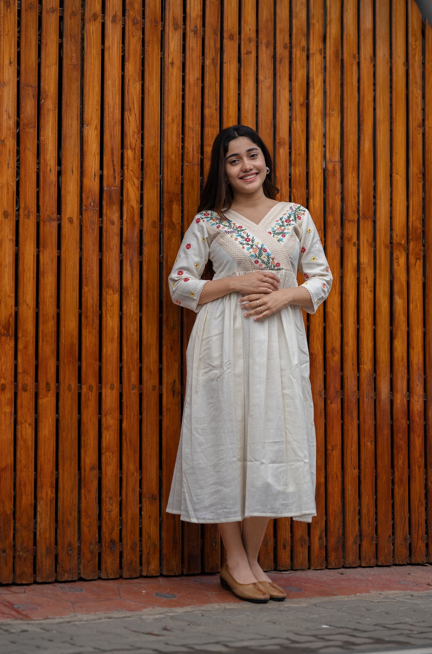 Off white cotton kurti/ dress with floral embroidery and crochet lace detailings MBS-463