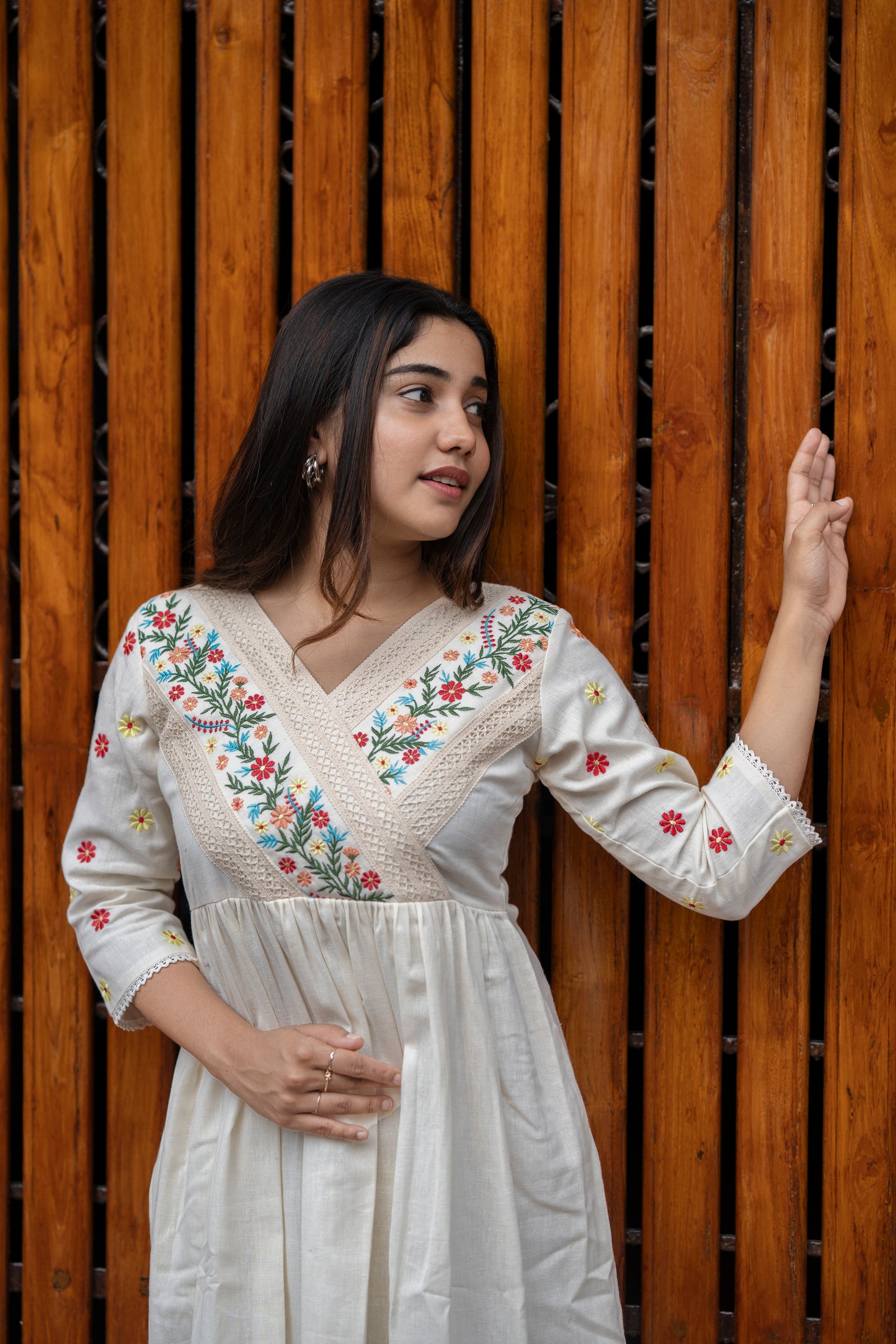 Off white cotton kurti/ dress with floral embroidery and crochet lace detailings MBS-463