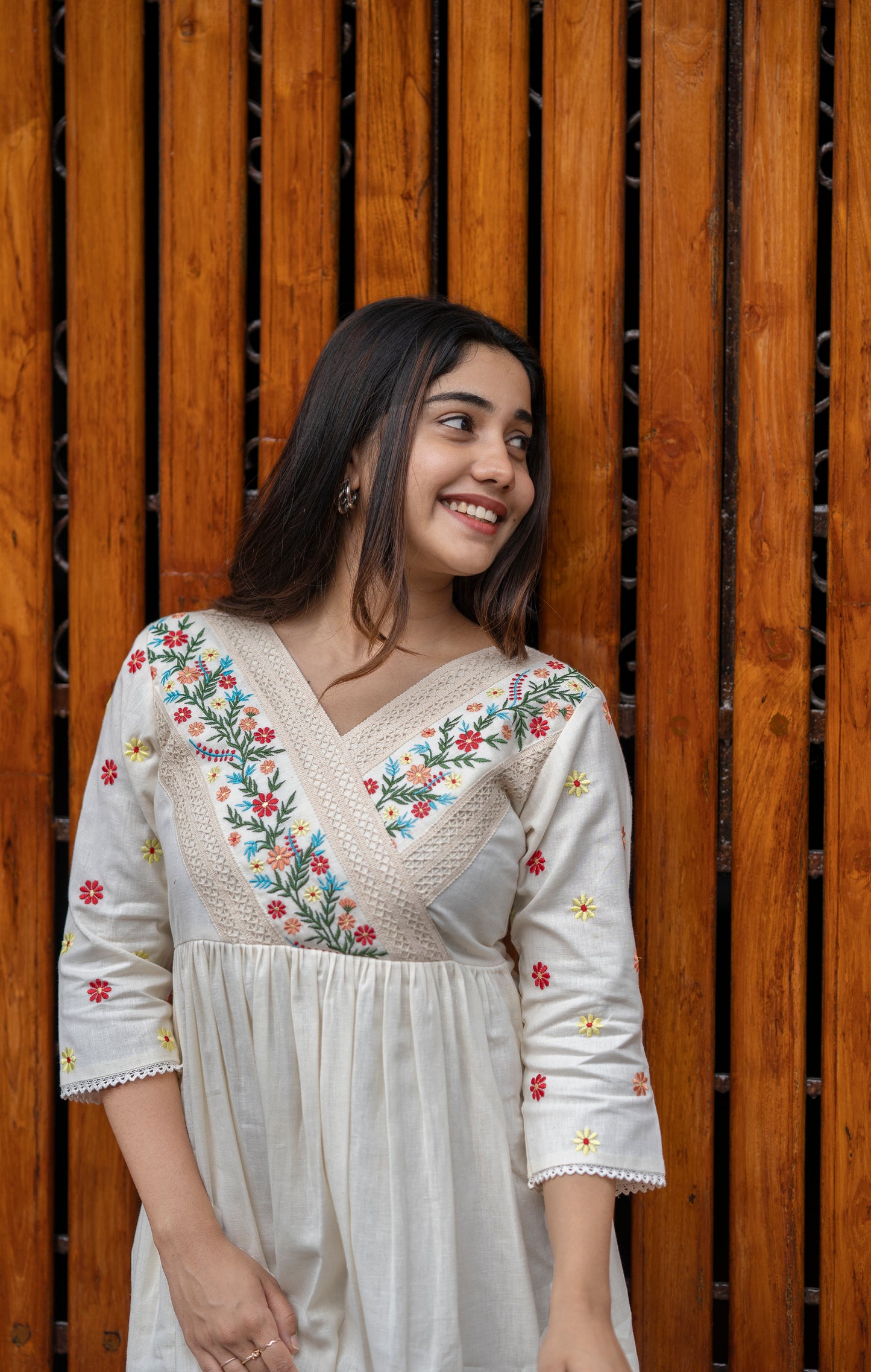 Off white cotton kurti/ dress with floral embroidery and crochet lace detailings MBS-463