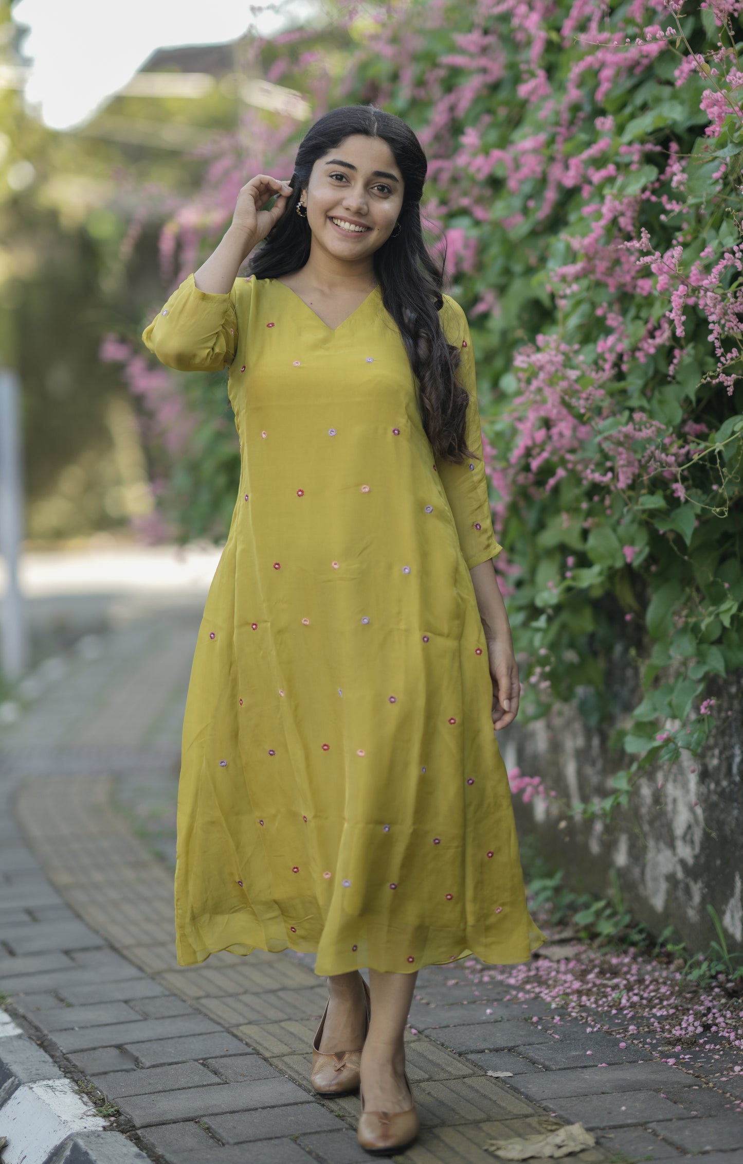 Sheen green viscose organza Aline kurti with multi colour floral embroidery detailings MBS-707