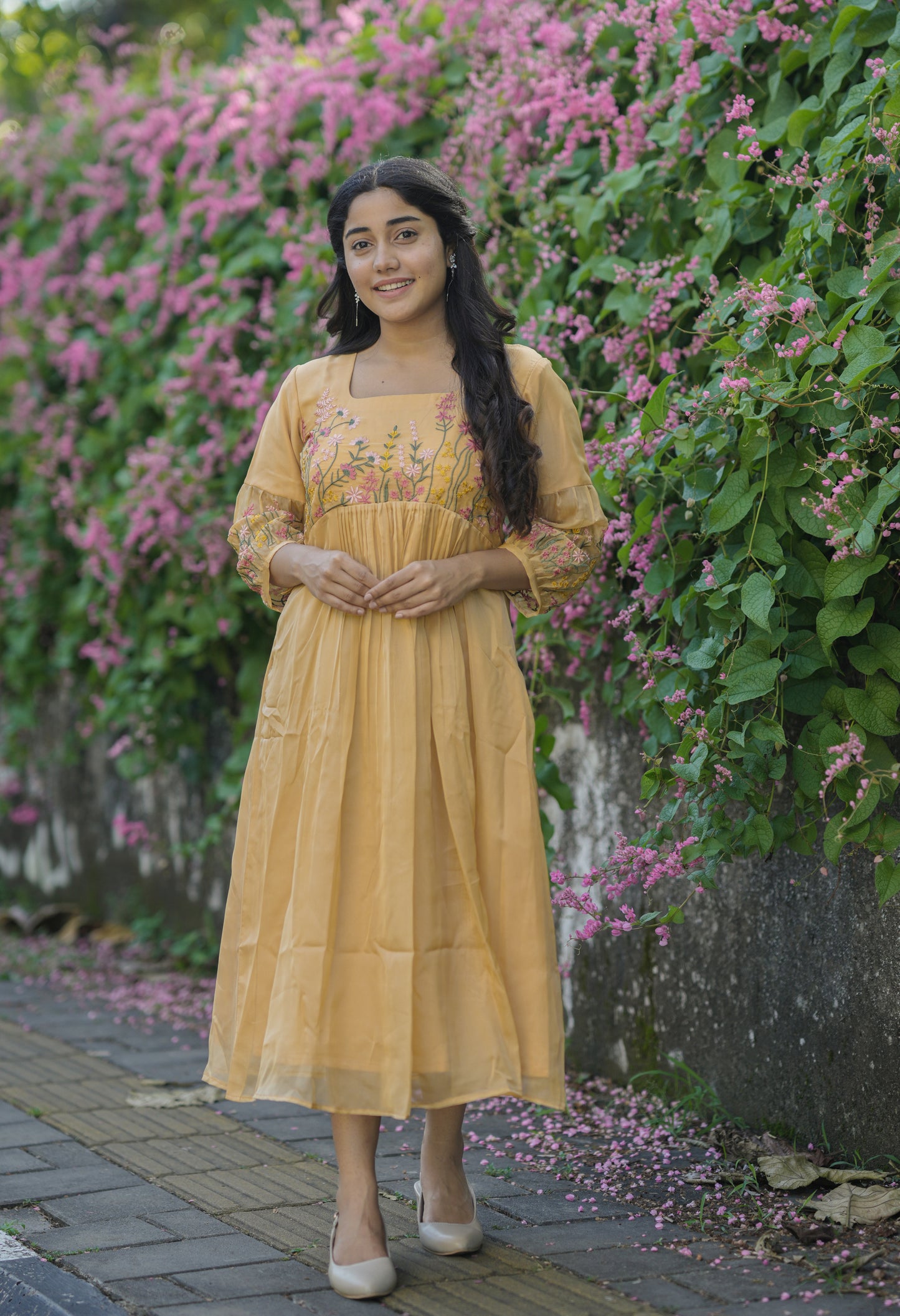Sandal yellow soft organza kurti with floral embroidery detailings  on yoke and sleeves MBS-701